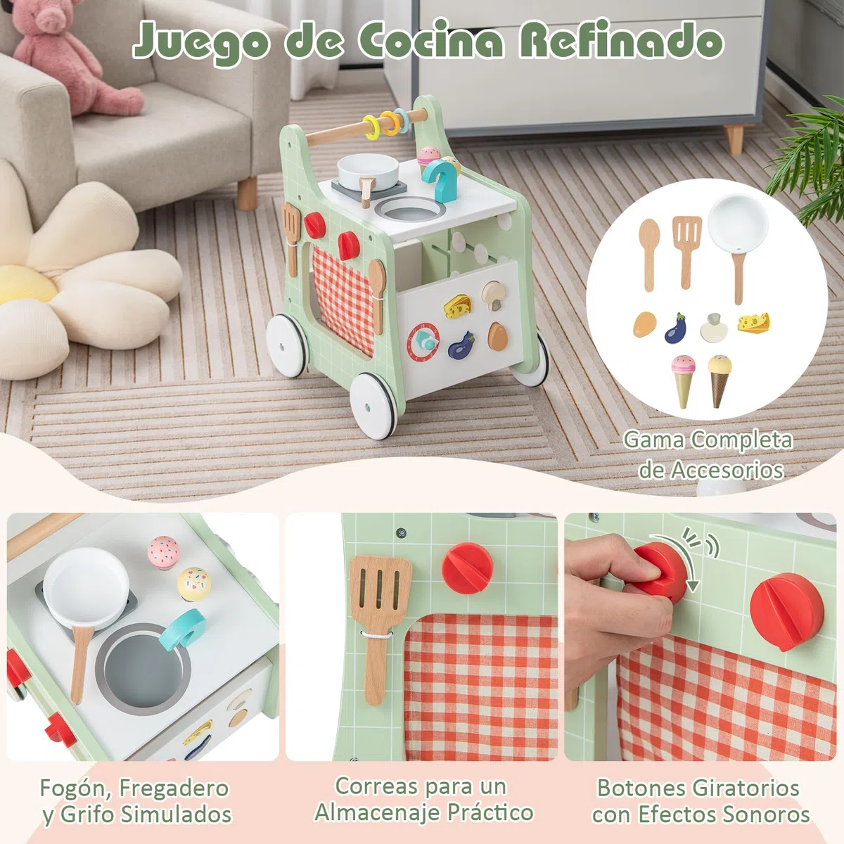 COSTWAY Andador Bebes de Madera 6 en 1, Carrito de Madera para Bebés, Centro de Actividades de Aprendizaje para Empujar y Jalar para Bebés con Cocina, Reloj, para Bebés de 12+ Meses (Verde)