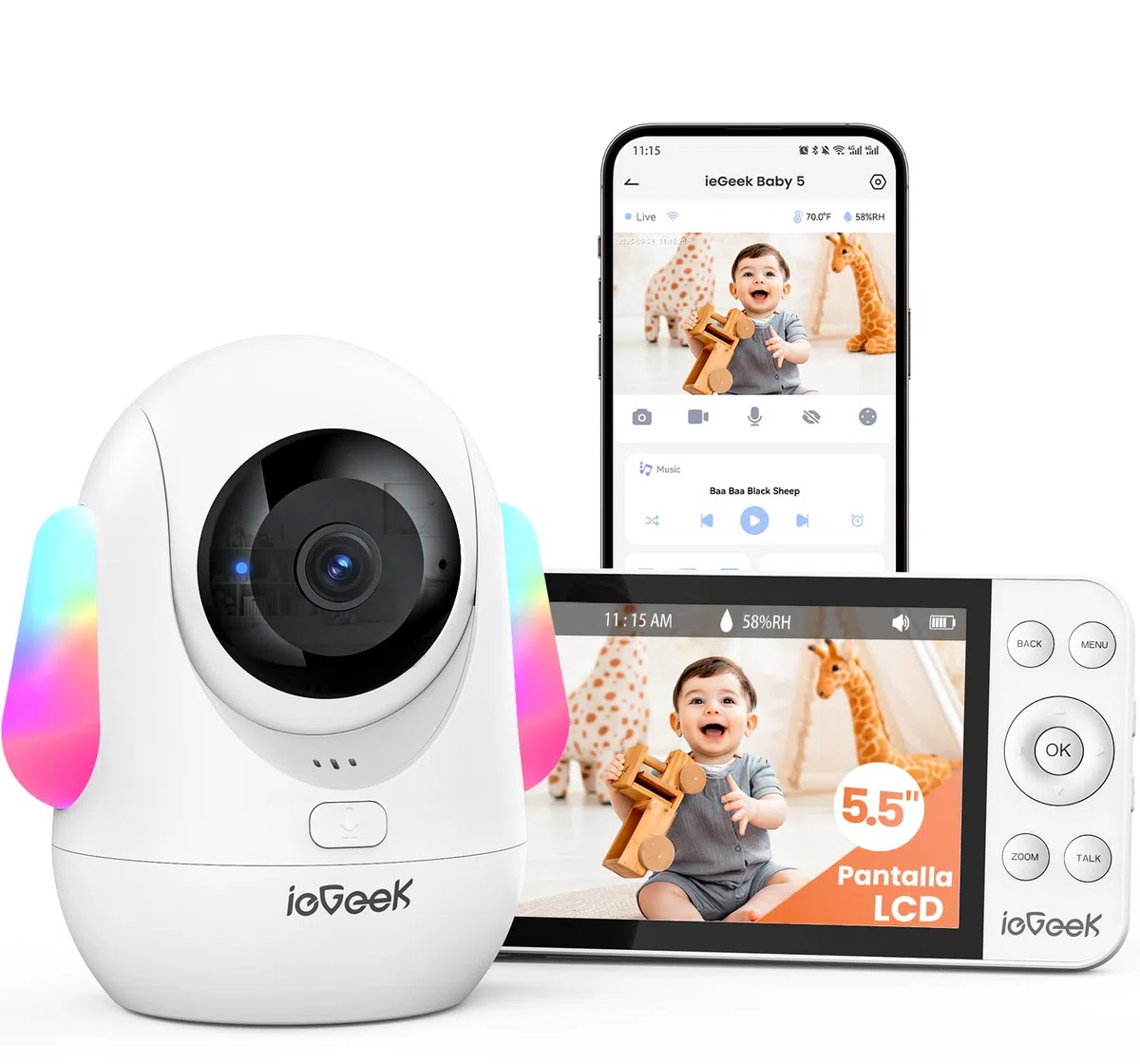 ieGeek 5.5" 2.5K/4MP Camara Vigilancia Bebe WiFi, Alerta de Cara Tapada y Dormir Boca Abajo, Colorida Luz Nocturna, 360° Seguimiento Movimiento Vigilabebes con Camara, VOX, Compatible Echo