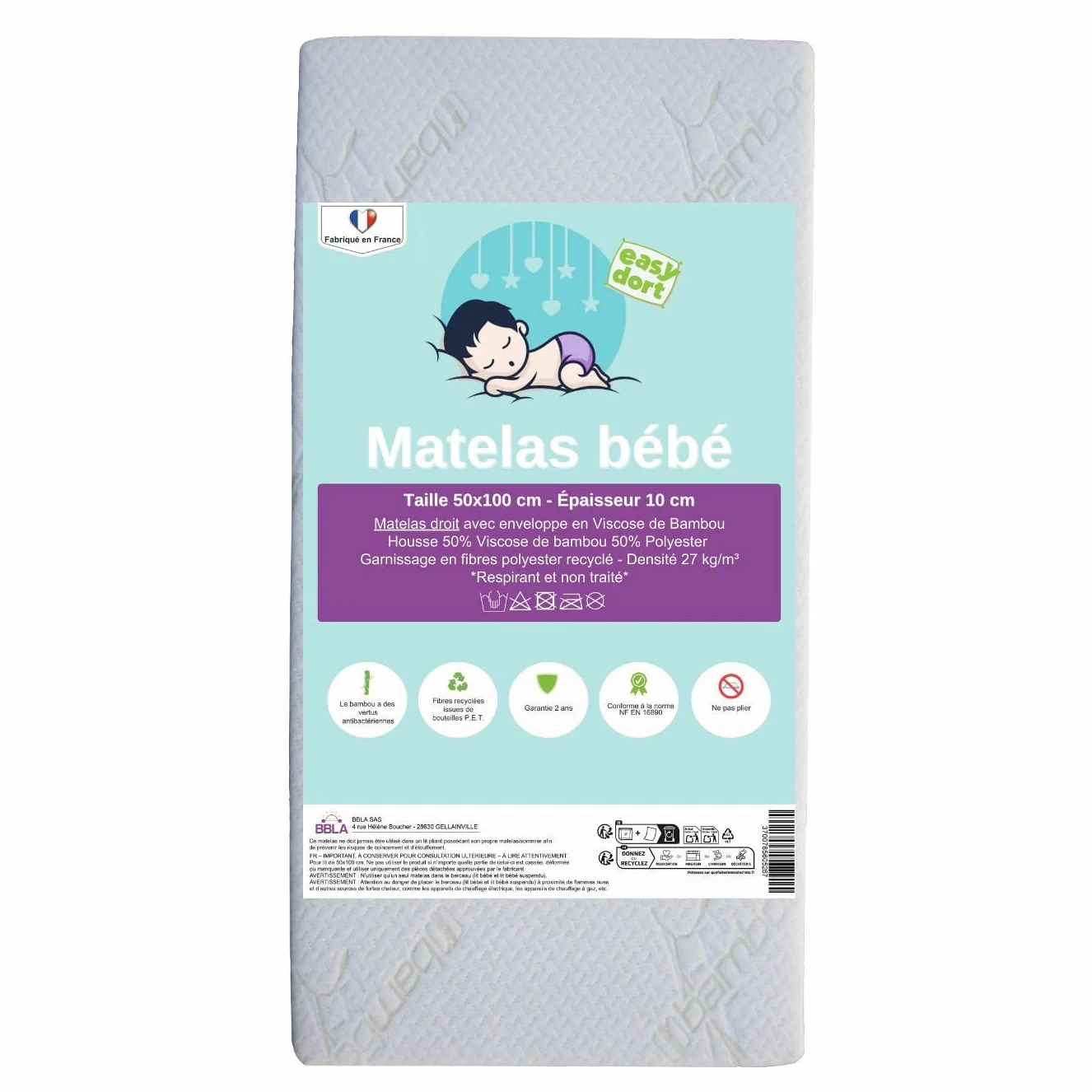 Easy Dort El | Colchón de bebé de 50 x 100 cm – cuna – cuna – funda de bambú | verano e invierno | doble cara | cómodo | fabricado en Francia | blanco |