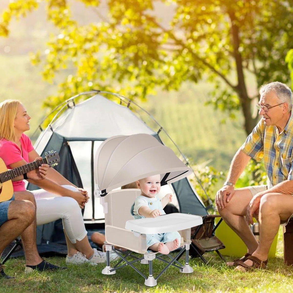 Trona Para Bebé Plegable Con Asiento Elevador, Silla Portátil de Playa Con Bandeja Extraíble y Sombrilla Para Alimentación y Viaje