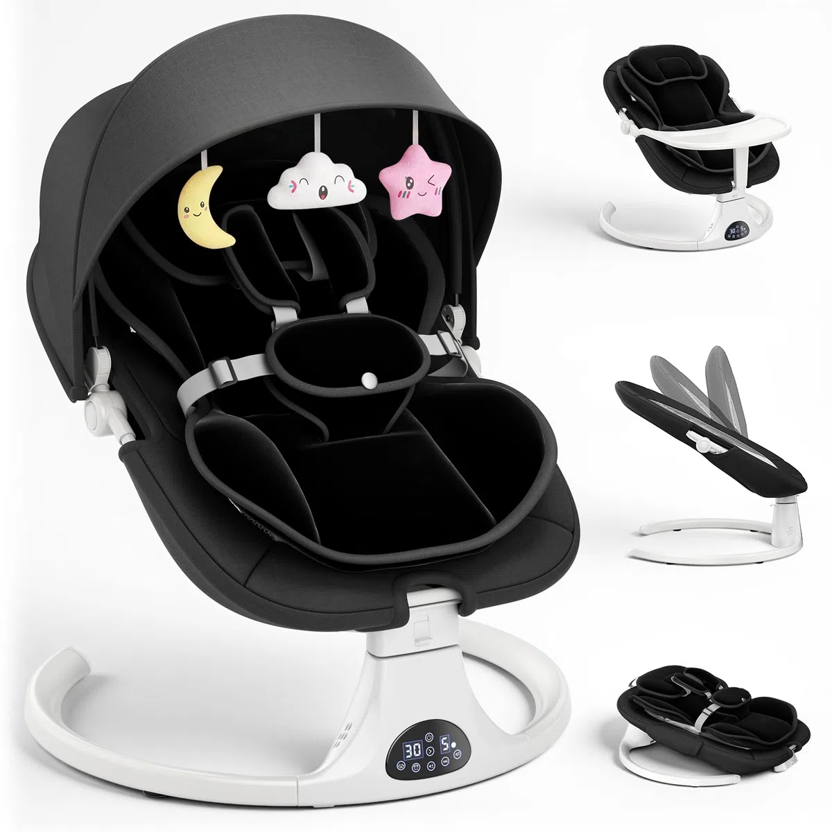 Respaldo Ajustable Hamaca para Bebé, Eléctrica Silla Mecedora de Bebé con Cojín Desmontable y Mesa Auxiliar Desmontable, Control Remoto Hamaca Bebe 5Velocidades de Columpio y 12 Melodias (Negro)