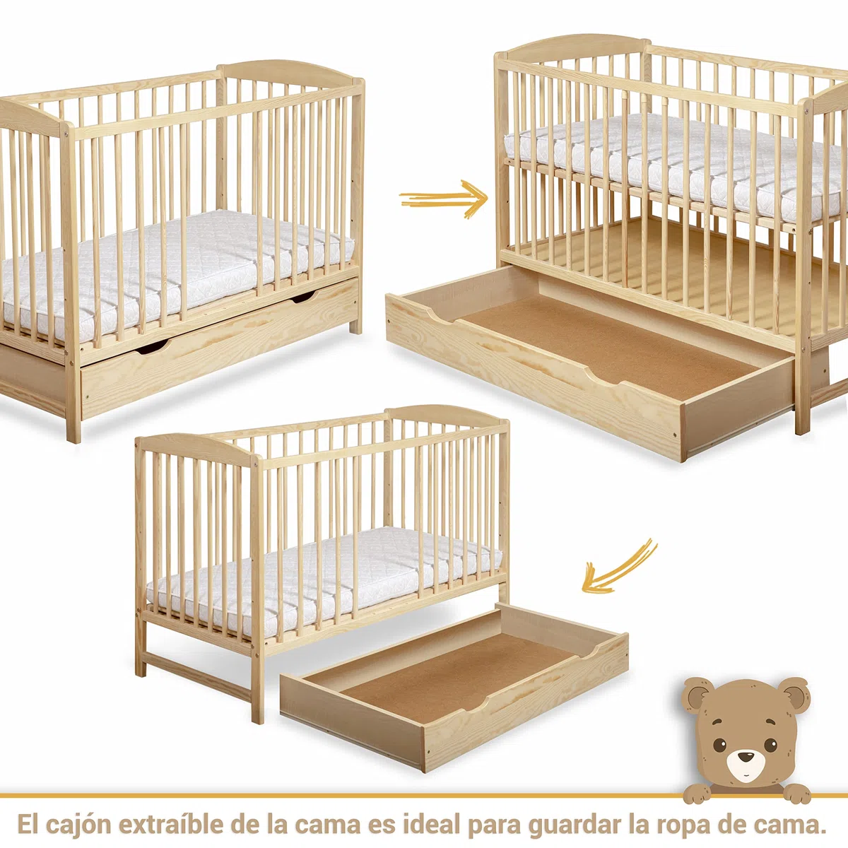 Cuna Bebe con Cajón - Cuna Bebe Madera con Barandillas de Protección - 60x120cm - Regulable en Altura - Cuna para Bebe Convertible en Cama Infantil - Cuna de Bebe para Niñas y Niños Marrón