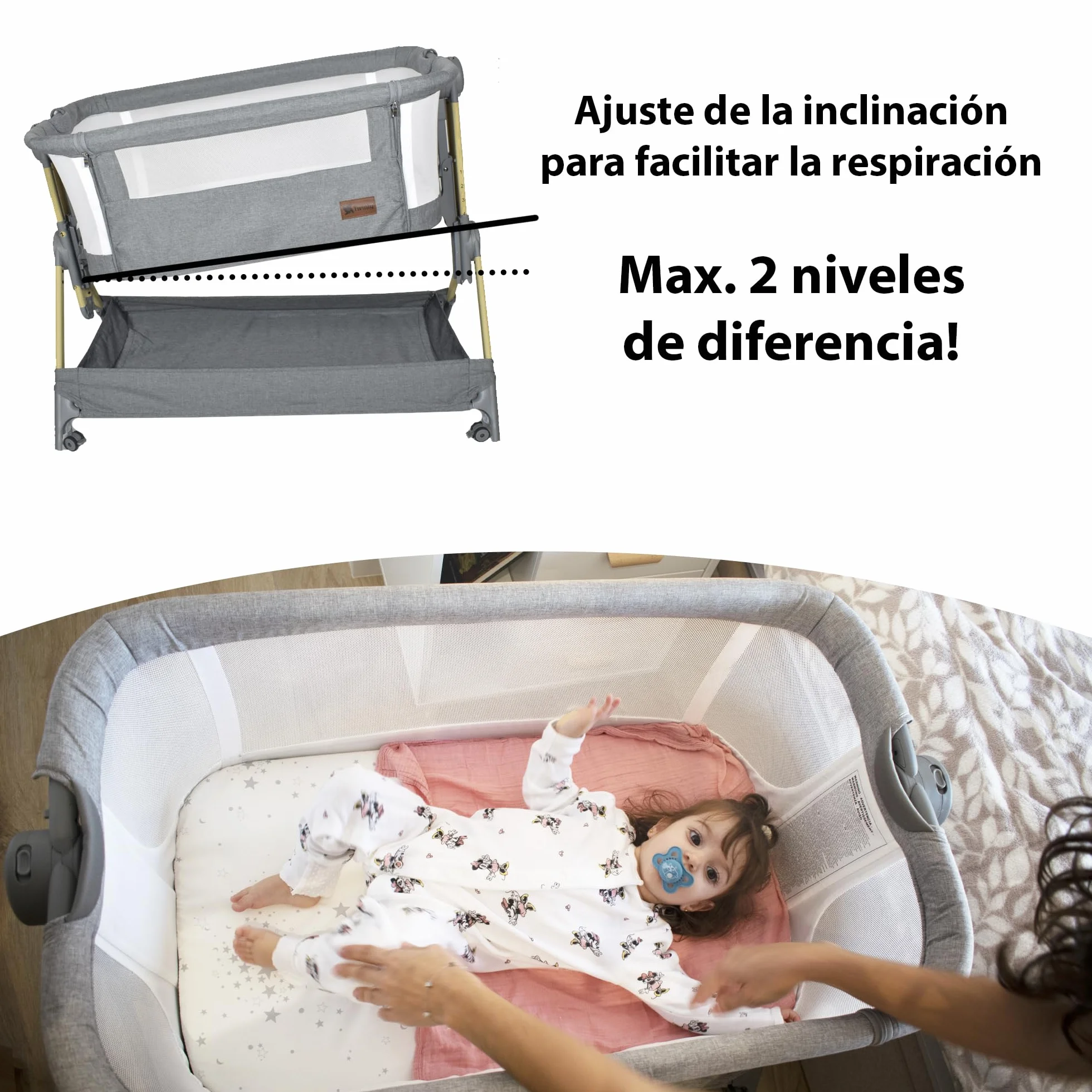 Twinly Comfortly - Cuna Colecho Bebé y Moisés 2 en 1 con Ruedas | Minicuna de Viaje Plegable, Sin Montaje, Altura Ajustable y Función Antireflujo | Incluye Colchón, Sábana Algodón y Bolsa (Wood)