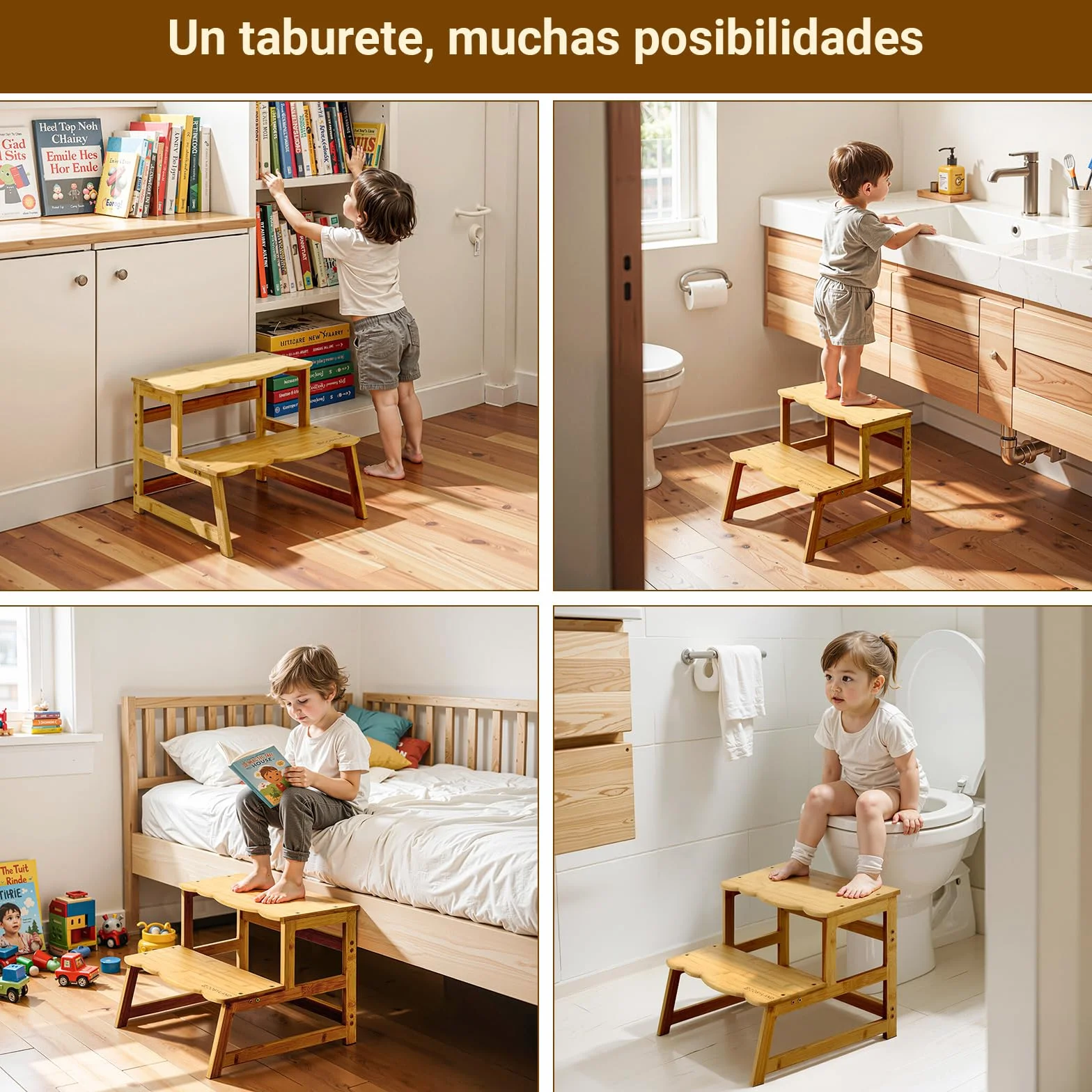 COSYLAND Taburete de Niños 2 Peldaños Asas Escalón Infantil 18 Meses Natural