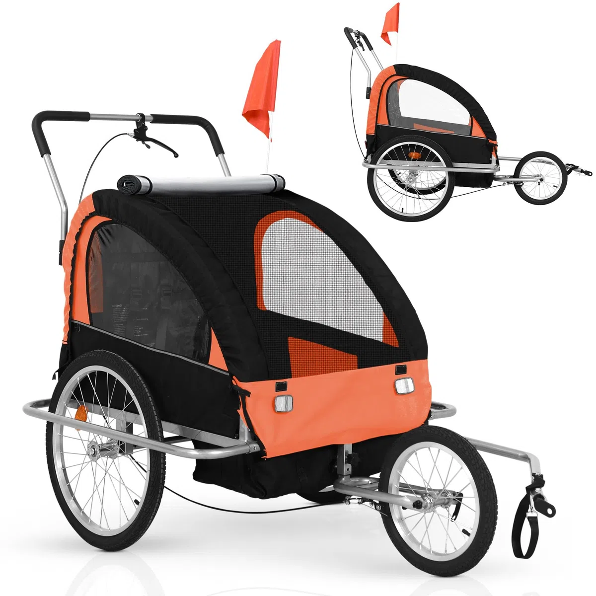 Jago® Remolque para Niños - 12+ Meses, 2 Plazas, Cinturón de Seguridad 5 Puntos, Plegable, Negro y Naranja - Cochecito de Paseo, Carrito, Bicicleta Infantil, Bici, Jogger, para Perros