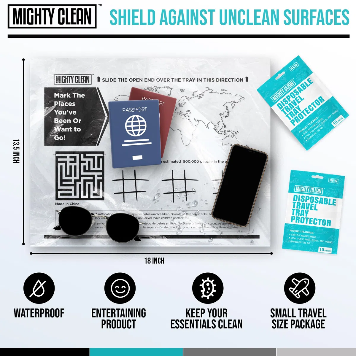 Mighty Clean - 15 Protectores Desechables de Bandeja de Viaje │ Esenciales de Viaje en avión para niños pequeños, niños y Adultos │ Imprescindible para Volar │ Proporciona una Superficie Limpia y