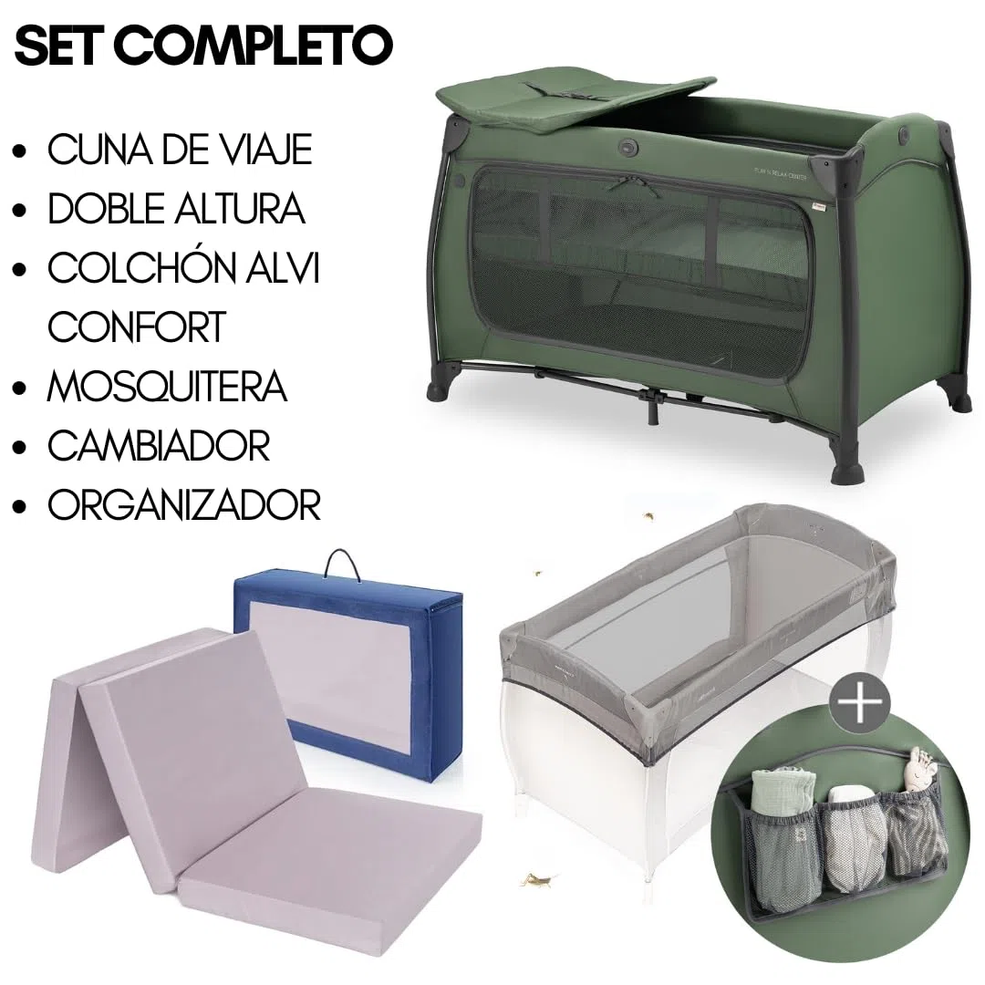 hauck Play n Relax Center Set de Cuna de Viaje Bebe con Colchon y Mosquitera | Dos Alturas para Recién Nacidos - Parque Infantil con Cambiador y Ruedas - Verde
