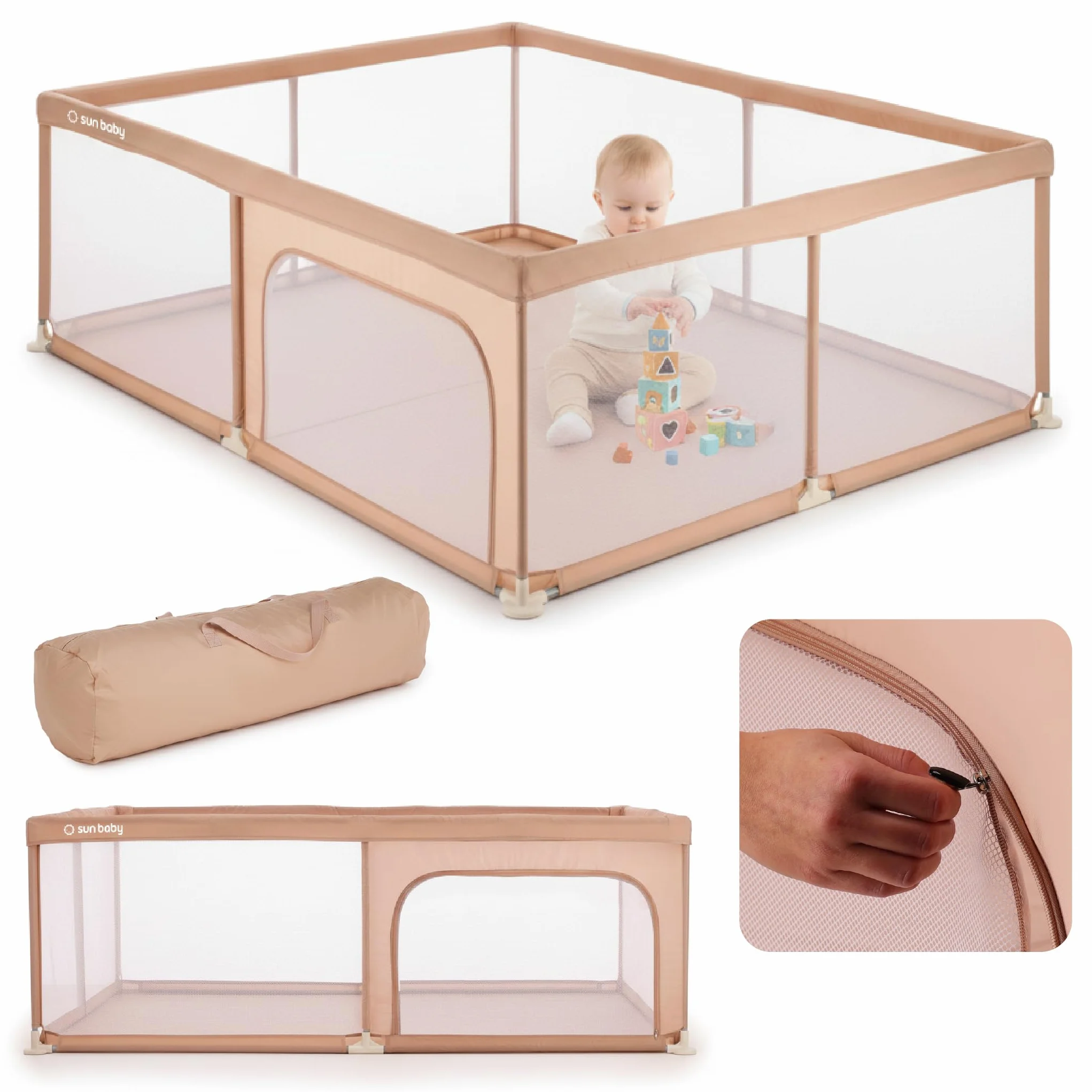 sun baby Parque Infantil 150x200 cm 0-2 años Salmón, poliéster, paredes de malla, entrada con cremallera, pies antideslizantes, bolsa incluida, estructura metálica