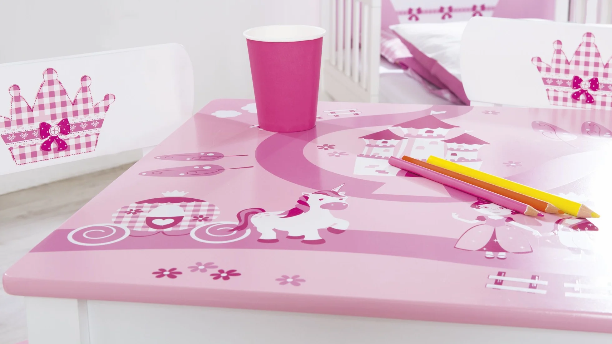 roba Conjunto Mesa + 2 Sillas Infantiles Krone - Diseño de Princesa y Corona - Juego de Muebles - Rosa / Blanco