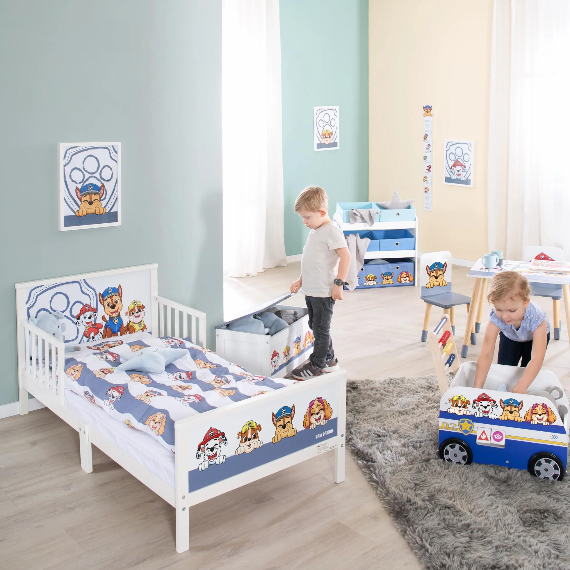 roba Paw Patrol Ropa de Cama Infantil - Funda Nórdica 100 x 135 cm + Funda de Almohada 40 x 60 cm de Algodón - Diseño de Perros Chase, Marshall, Rubble - Azul/Gris
