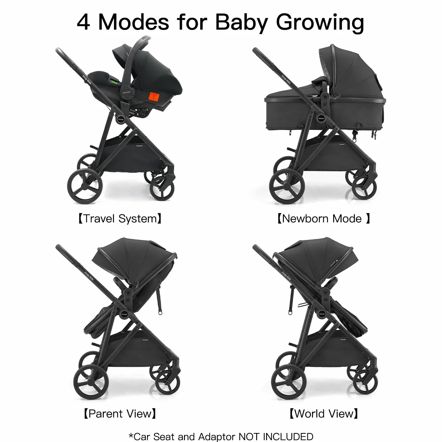 Gromast Cochecito 3 en 1, cochecito convertible para recién nacidos y niños pequeños con asiento reversible, capota con protección UPF 50+ y portavasos - Negro