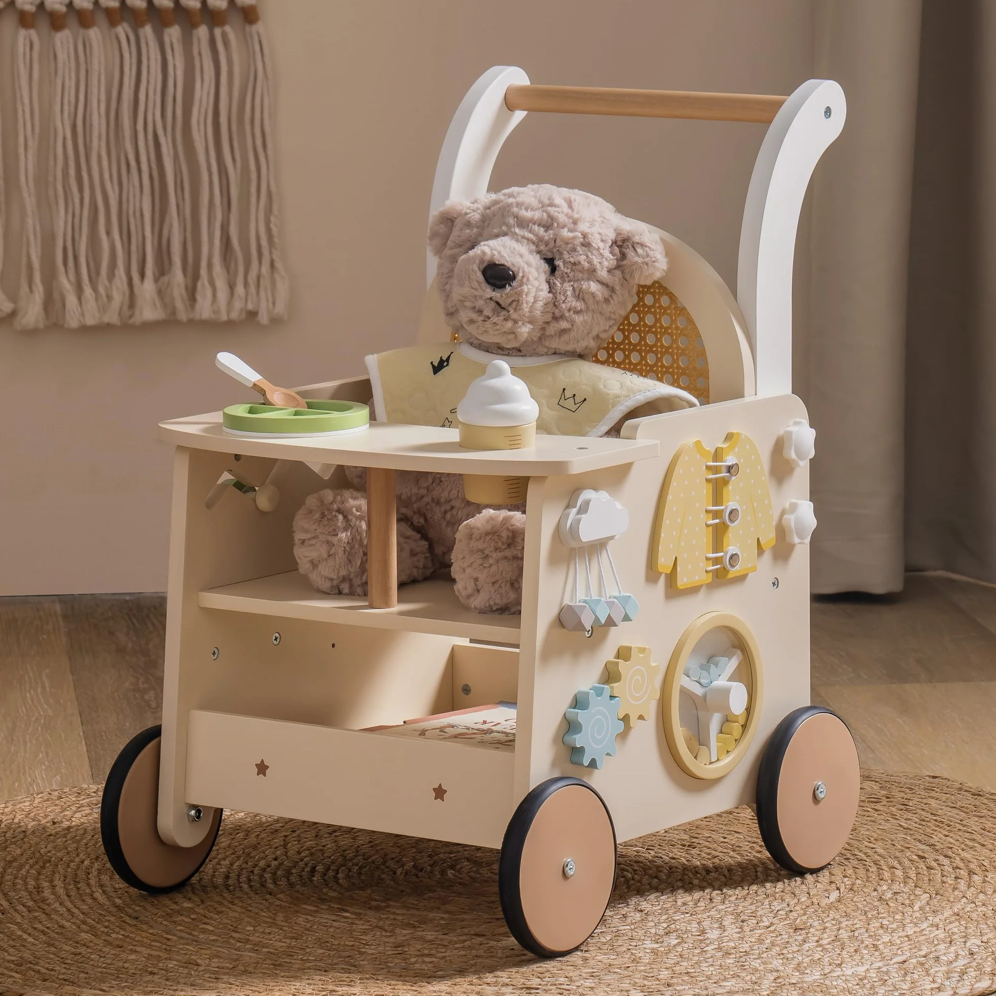 ROBOTIME Andador de Madera para Bebés, Cochecito de Paseo Push & Pull, Juguete Educativo, Primeros Pasos Seguros con Control de Velocidad y Almacenamiento Bajo el Asiento, para Niños de 10 Meses+