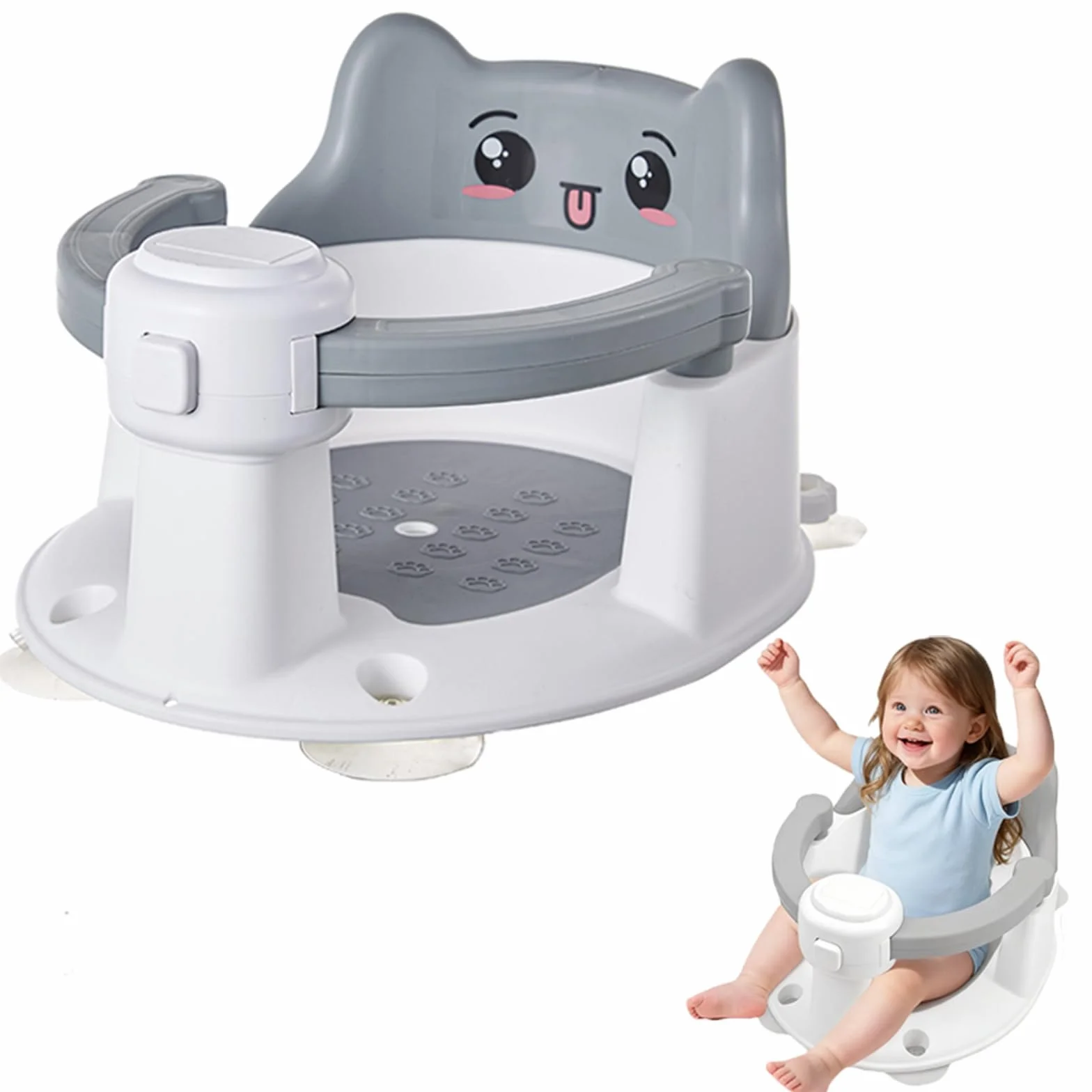 Asiento de Bañera para Bebés con Diseño de Gato, Silla Antideslizante con 4 Ventosas, Asiento Ergonómico y Seguro para Bañera y Ducha