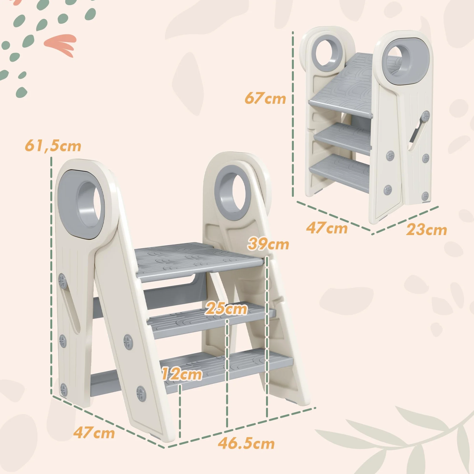 AIYAPLAY Taburete Plegable Torre de Aprendizaje Ajustable para Niños 18-60 Meses Antideslizante Gris y Blanco