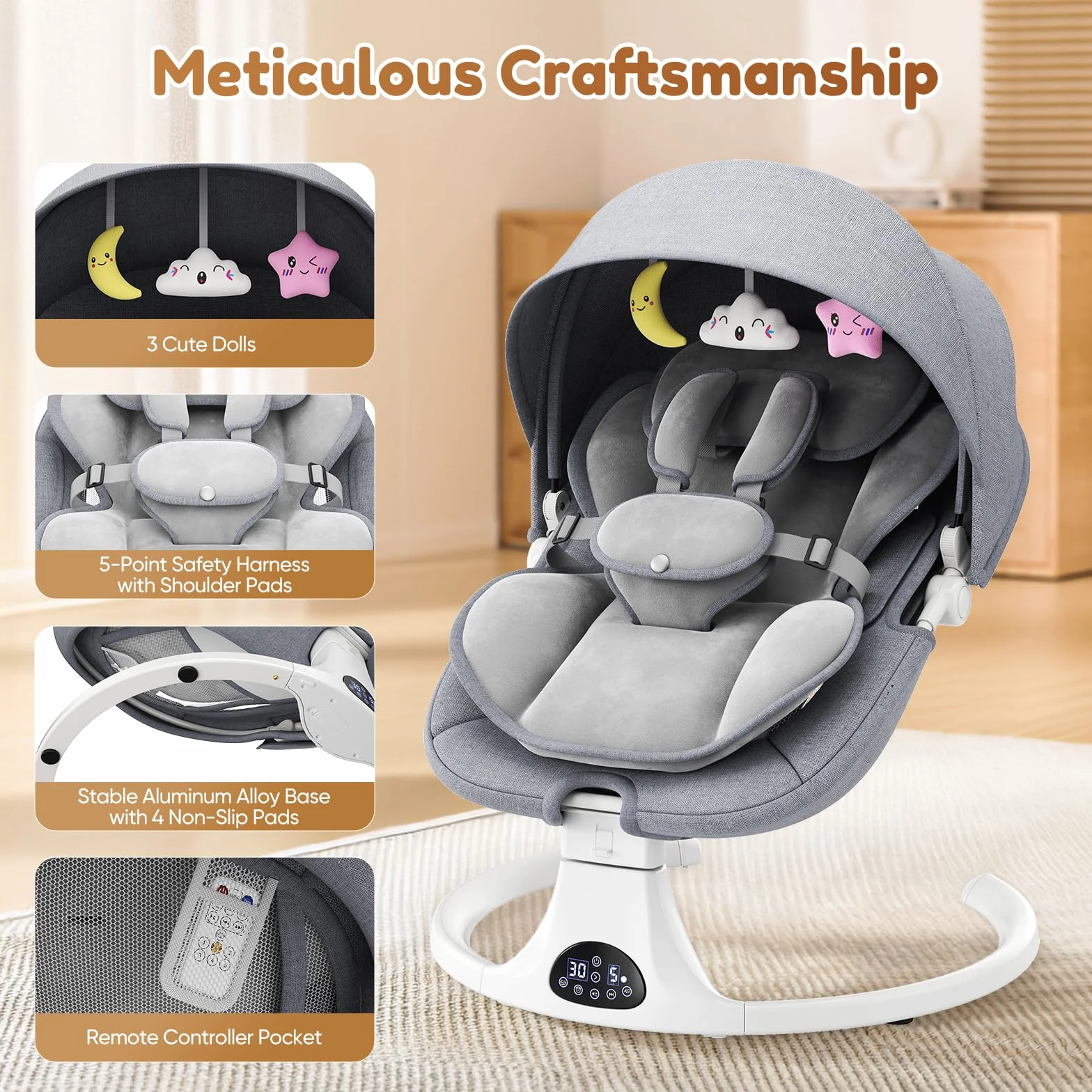 Respaldo Ajustable Hamaca para Bebé, Eléctrica Silla Mecedora de Bebé con Cojín Desmontable y Mesa Auxiliar Desmontable, Control Remoto Hamaca Bebe 5Velocidades de Columpio y 12 Melodias (Gris)