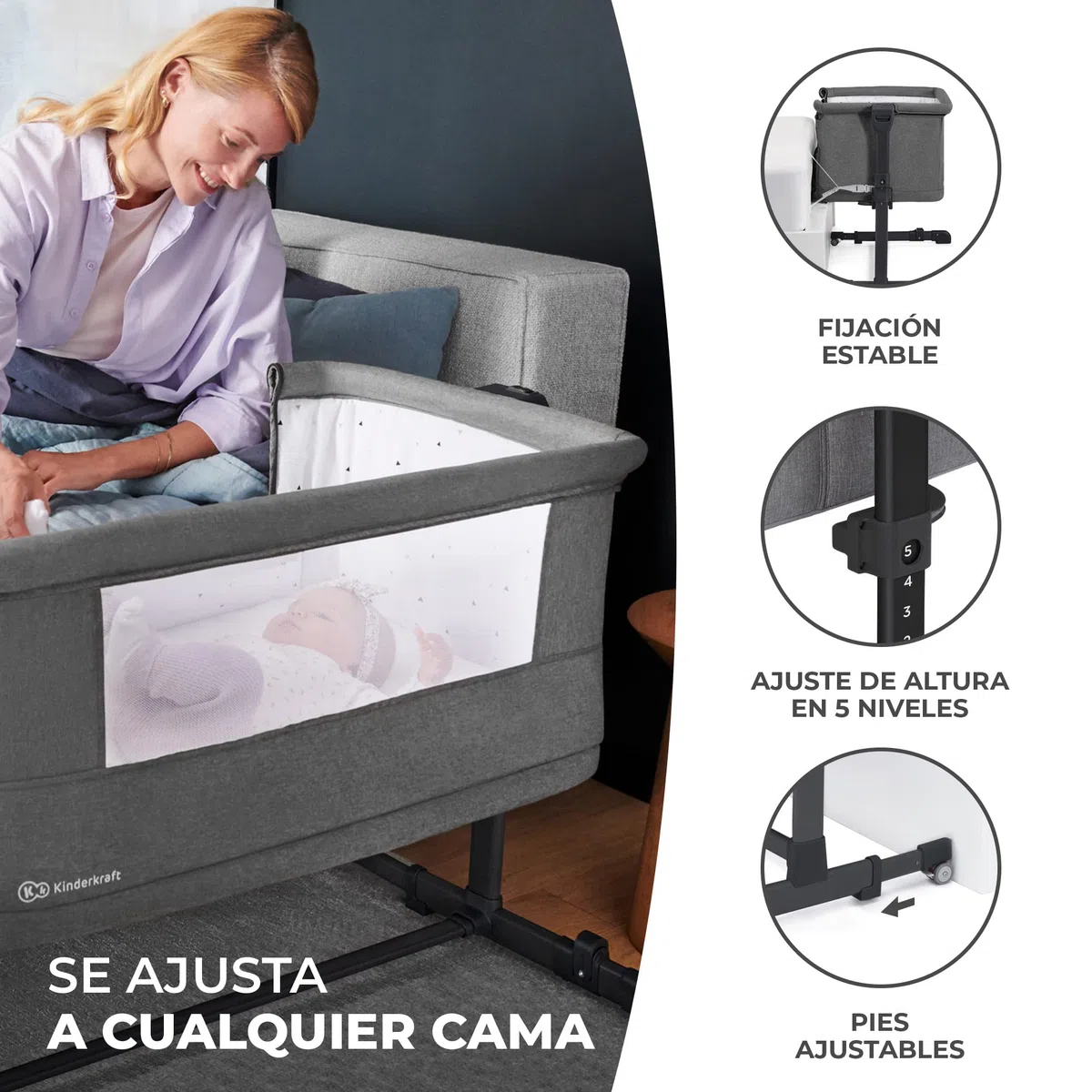 Kinderkraft Neste Grow Cuna de Cabecera Colecho 3 en 1, para Bebé, con Colchón, Fácil Ajuste, Desde el Nacimiento hasta los 2 años, Buena Circulación de Aire, Ruedas transportarás, Gris
