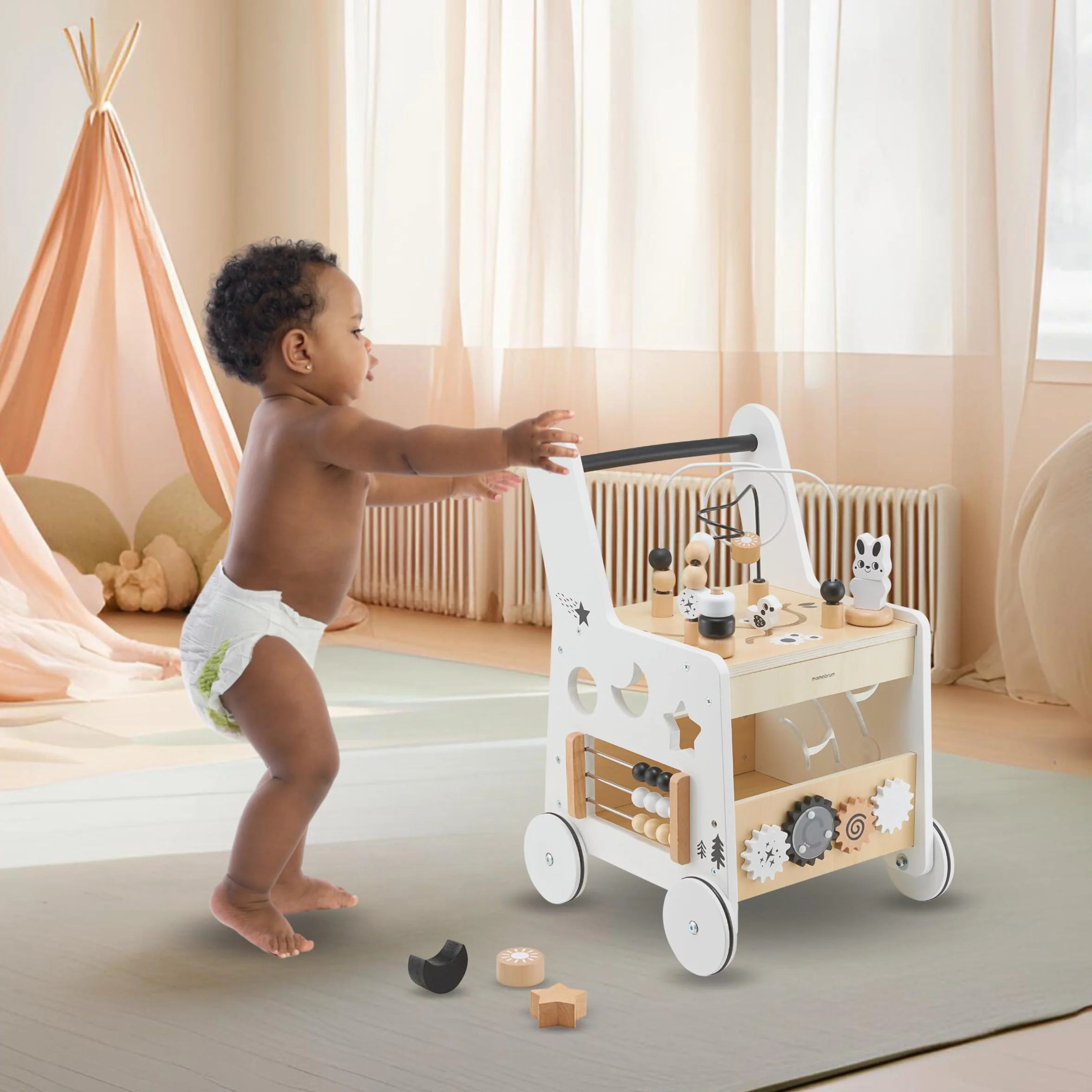 Mamabrum Caminadora y Andador Bebé 6 en 1 - Mesa Educativa de Madera con Ábaco, Engranajes y Juegos - Centro de Actividades para Primeros Pasos - 31 x 28 x 49 cm
