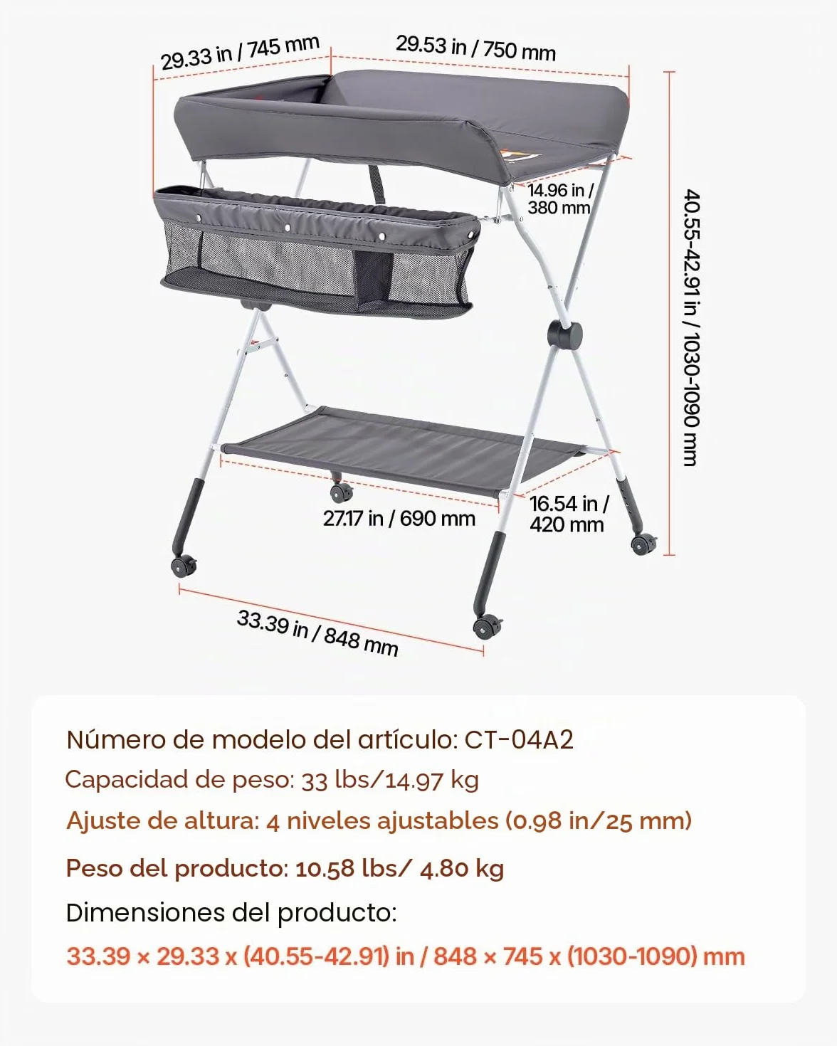 VEVOR Cambiador para Bebé Plegable Portátil 848 x 745 x (1030-1090) mm con Cesta Lateral Ruedas Bloqueables Gris Oscuro