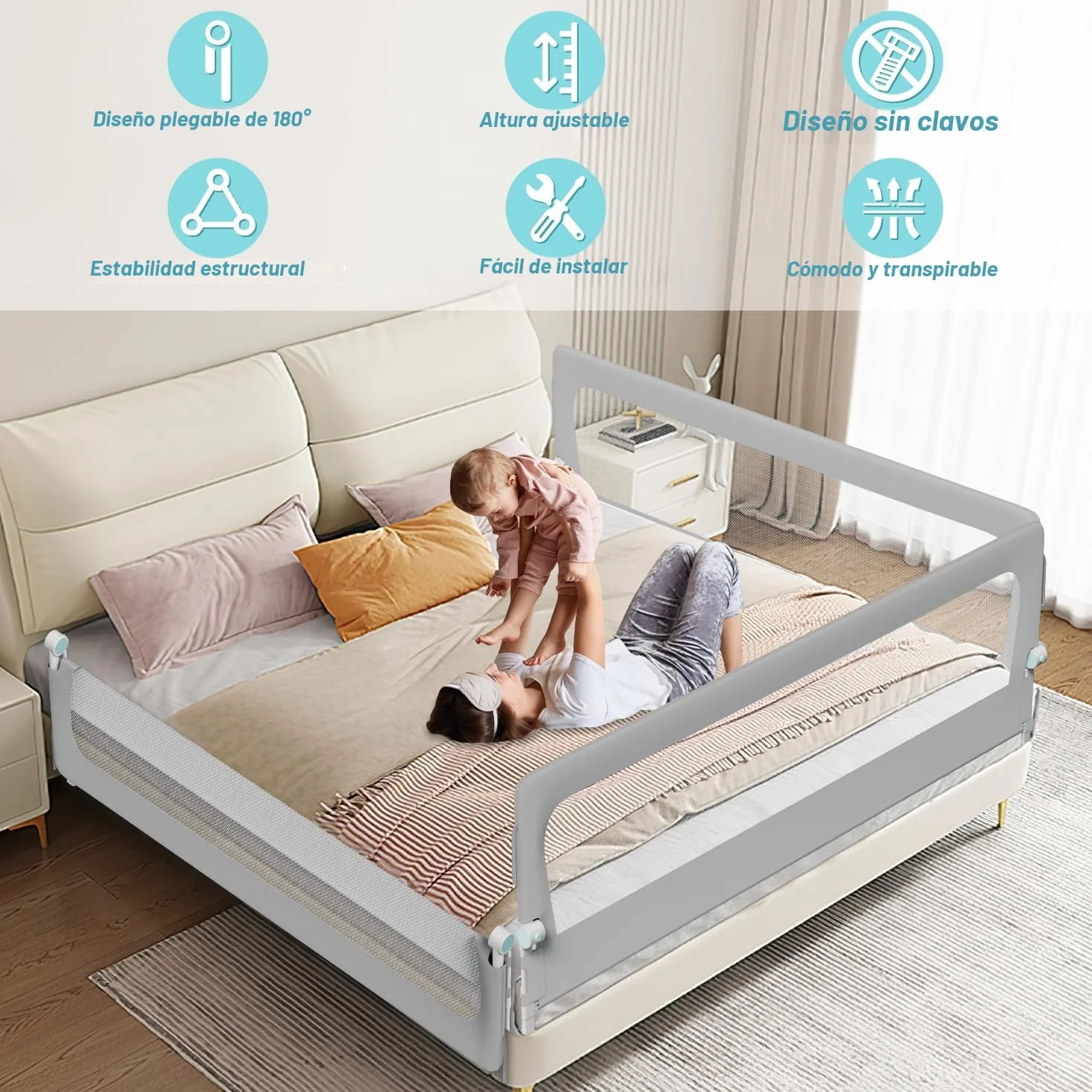 Barrera para cama de 180 cm, protección contra caídas, plegable 180 grados, altura ajustable 72-86 cm, rejilla para cuna con patas trapezoidales y correas de fijación, gris