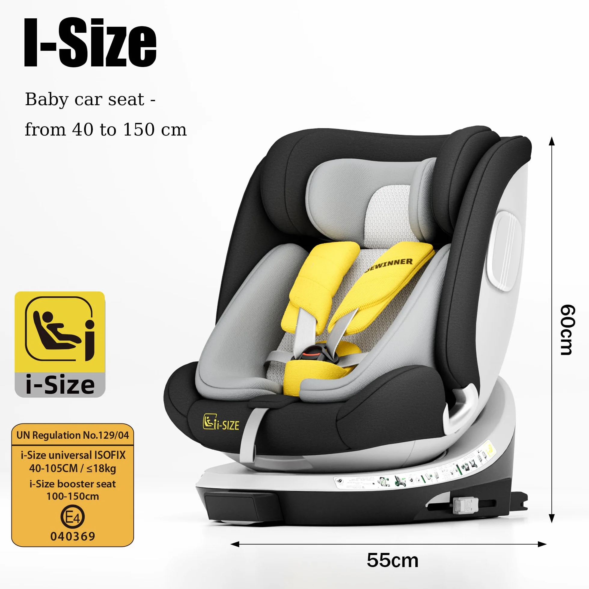 DEWINNER Sillas de Coche ISOFIX,I-Size 40-150 cm (0-36 kg),Silla Coche Bebé Grupo 0+/1/2/3, 5 Puntos Sillas de Coche Giratoria 360, RWF, FWF, Ajustable,Techo Anti-UV y Pata de Apoyo, ECER129 - Negro
