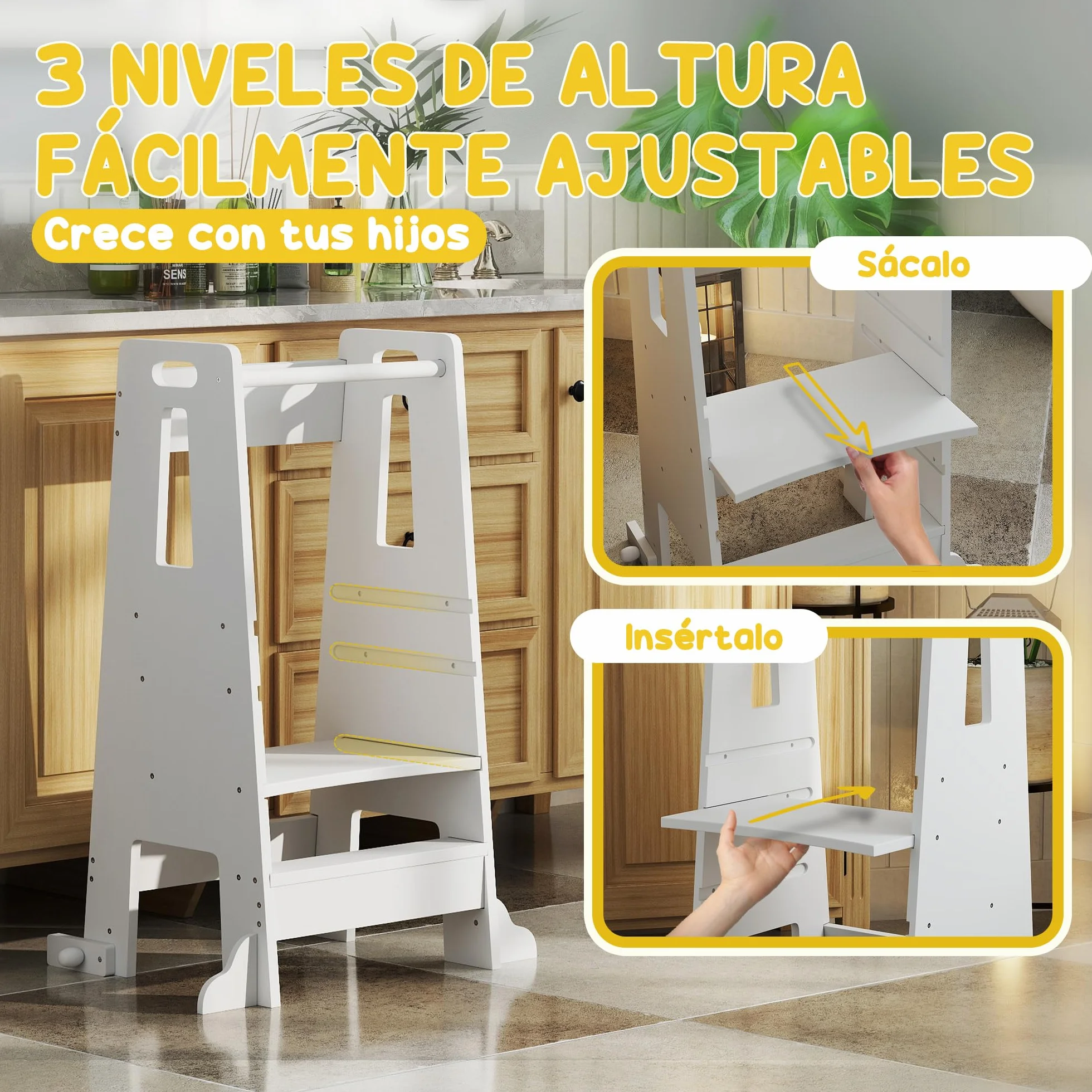 AIYAPLAY Torre de Aprendizaje de Madera para Niños +3 Años Altura Ajustable 3 Niveles Barrera de Seguridad 45x47,5x91 cm Blanco