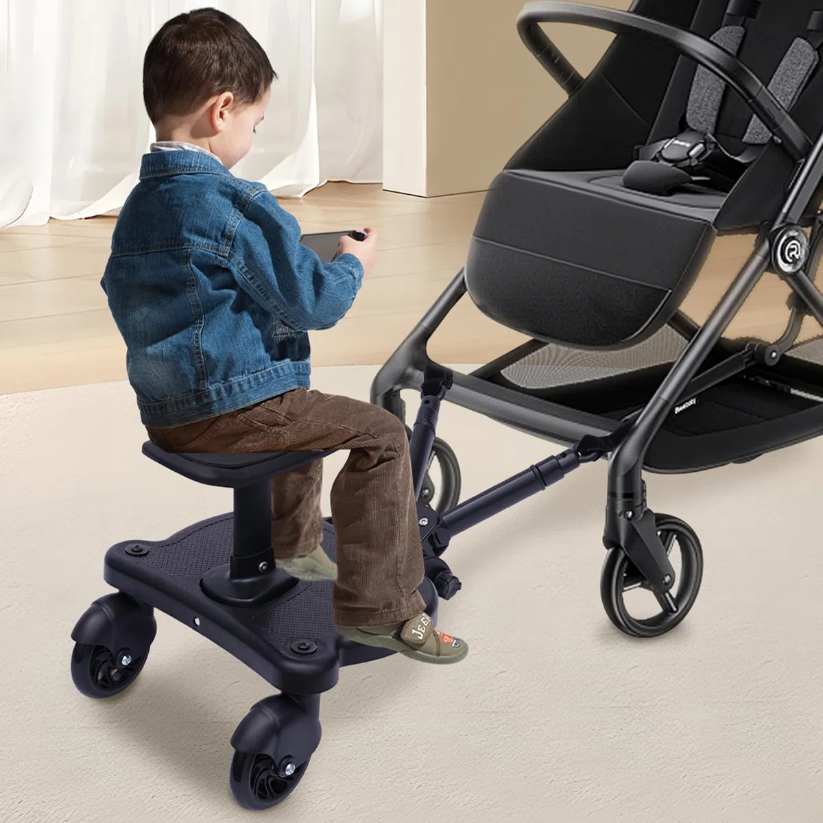 Universal Buggy Board estribo auxiliar pedal adaptador remolque asiento tabla de pie con asiento para cochecito tabla de ruedas de hasta 25 kg negro