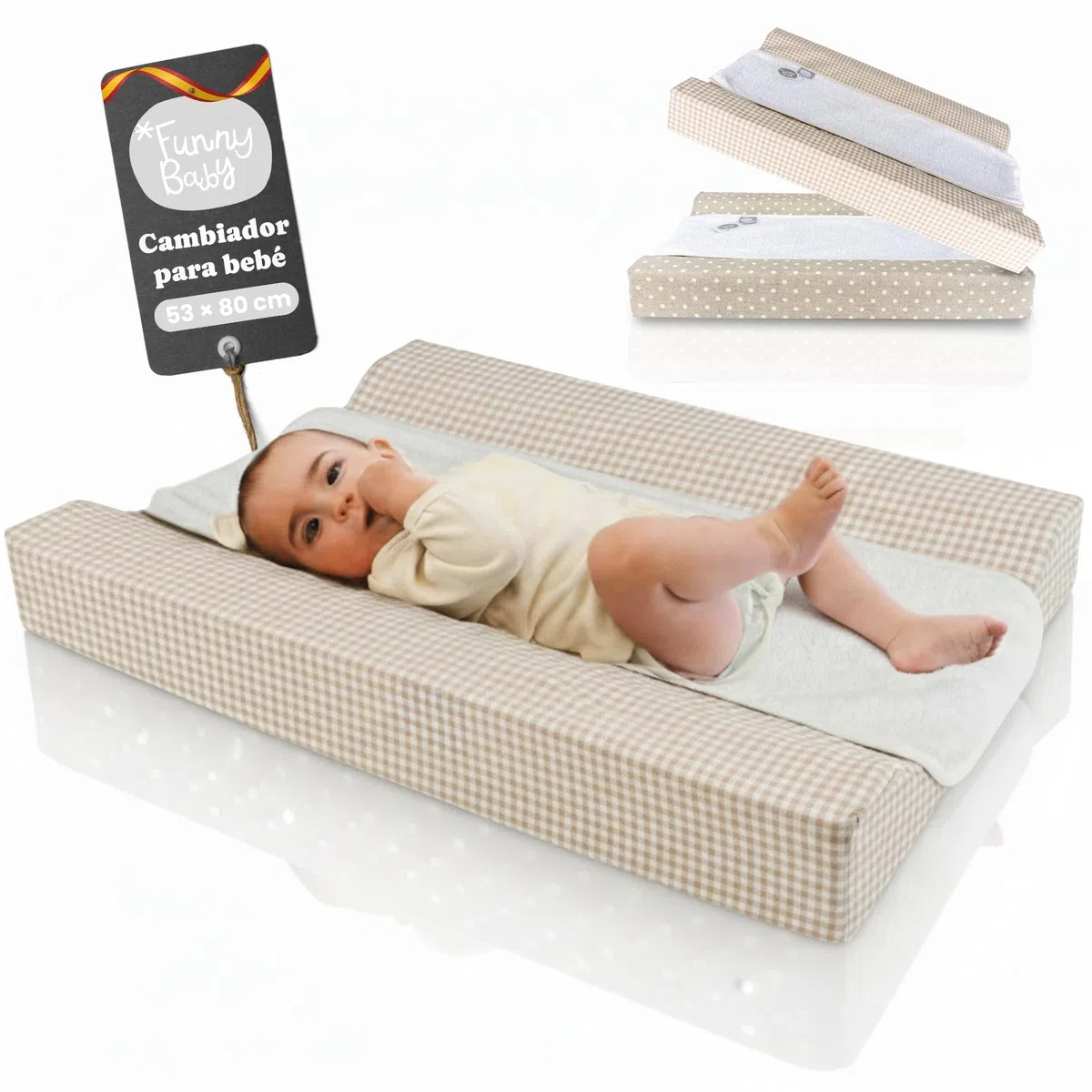Funny Baby | Colchoneta Cambiador Bebé Impermeable 53x80 cm – Espuma Acolchada con Bordes Elevados, Funda Lavable y Toalla de Rizo – Cambiador para Cómoda Diseño Vichy Lino