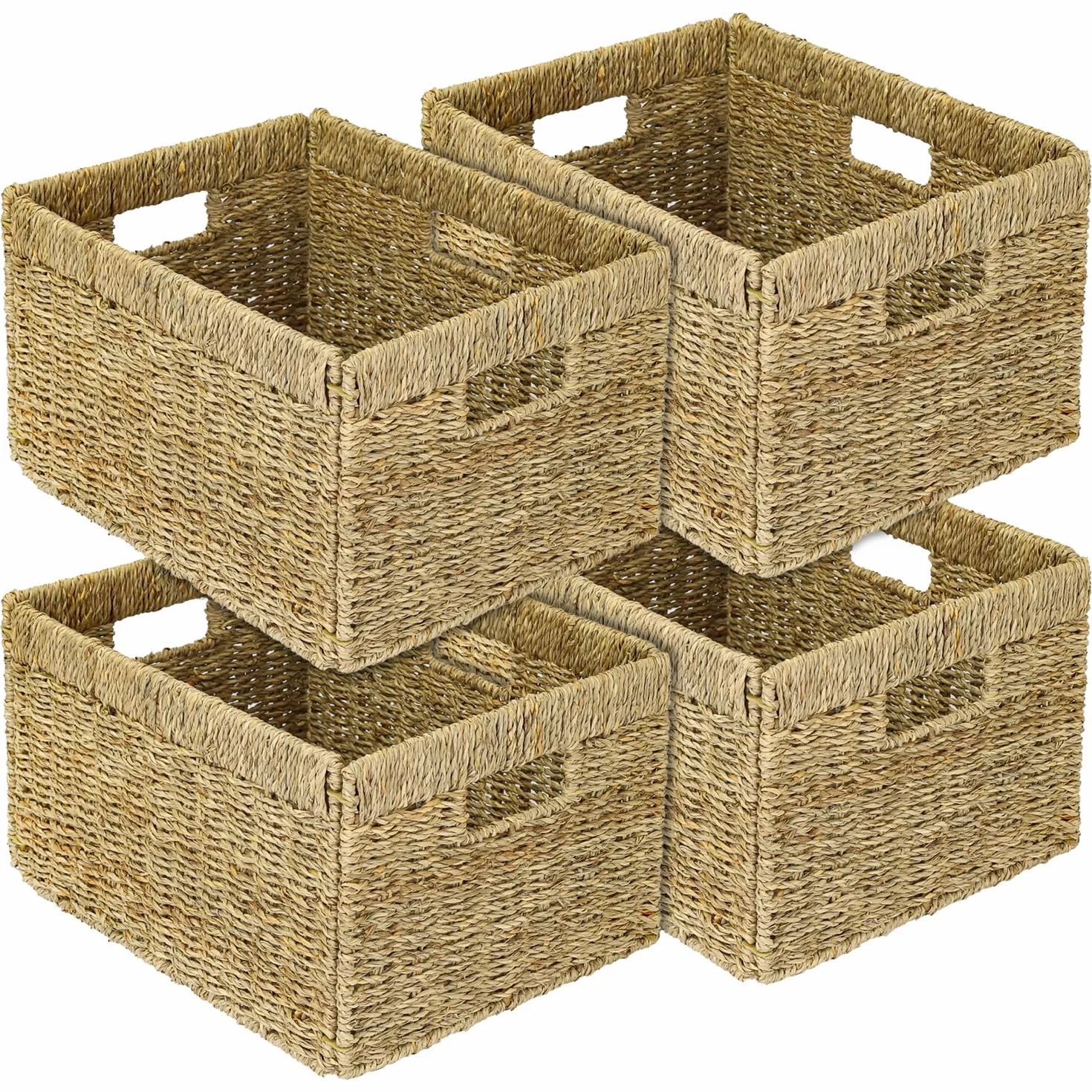 HMF Cesta de almacenamiento compatible con estantería Billy, Cesta trenzada de hierba marina con tres asas | juego de 4 | 35 x 25 x 20 cm | Natural