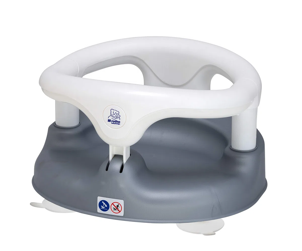 Rotho Babydesign Asiento de baño, con anillo abatible y cierre de seguridad para niños, de 7 a 16 meses, hasta 13 kg, BPA, 35 x 31,3 x 22 cm, plateado perlado y blanco