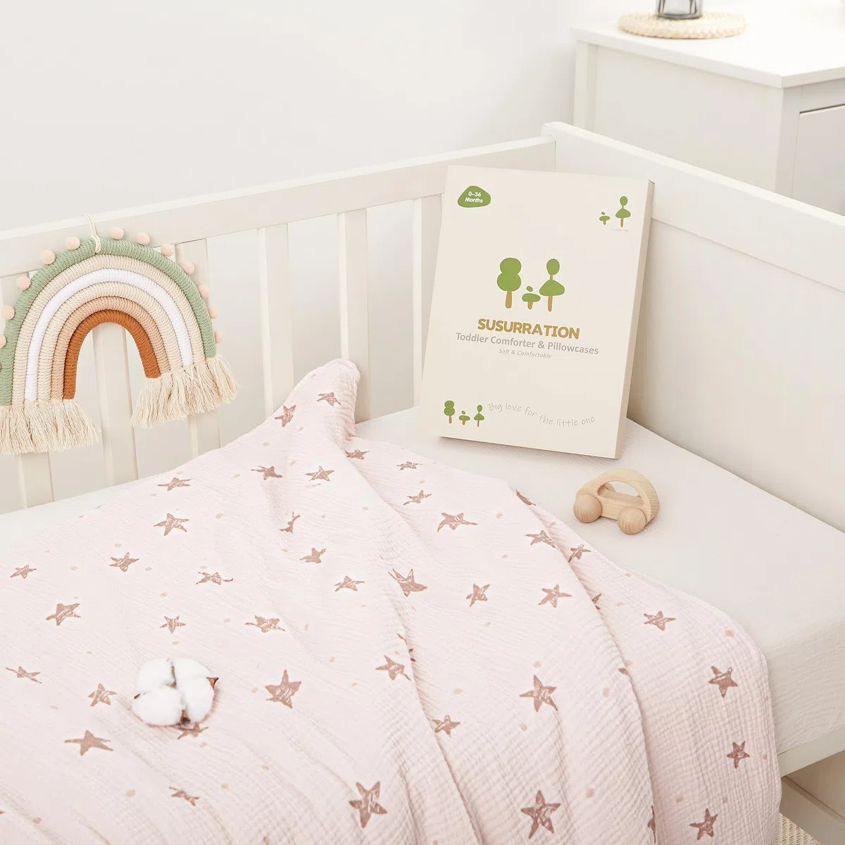 Susurration Ropa de Cama Infantil de Muselina, 100 x 135 cm, Funda de Almohada de 40 x 60cm, 100% de Algodón, Ligera y Cómoda, Juego de Ropa de Cama para Bebés y Niños(Estrellas Rosas)