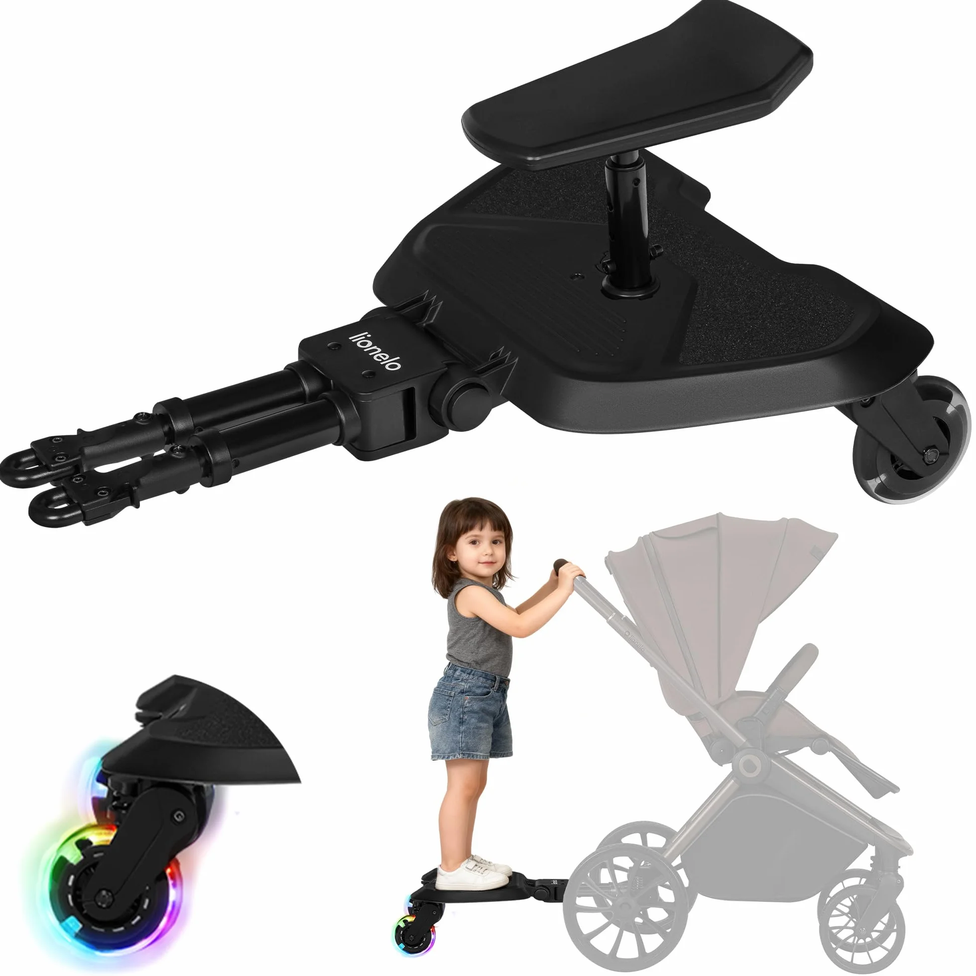 LIONELO Buggy Board Patín Carro Bebé Universal Asiento Desmontable, Reposapiés Universal, Niños de 2 a 5 años, Capacidad de 25 kg, Suspensión, Ruedas LED
