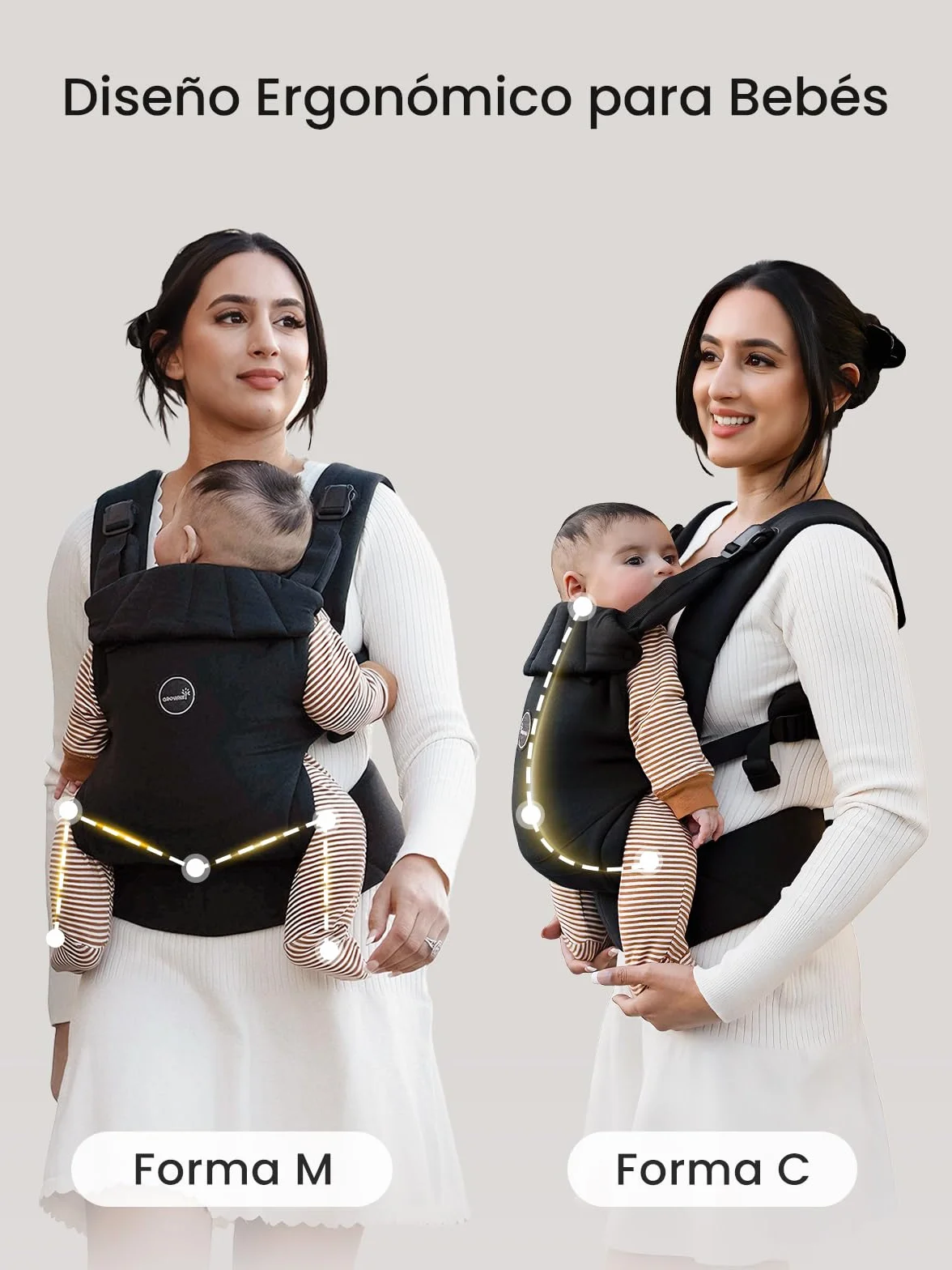 Grownsy Ergonomic Baby Carrier Adjustable for Newborns and Toddlers 3-20 kg, One-Click Buckle, Lightweight, Black