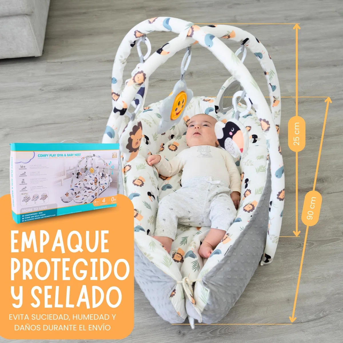 Nido de Bebé Recién Nacido 0-6 Meses - Reductor de Cuna 90cm con Arco de Juegos (5 Piezas Sensoriales) - Nido Colecho de Algodón Transpirable, Desmontable y Lavable