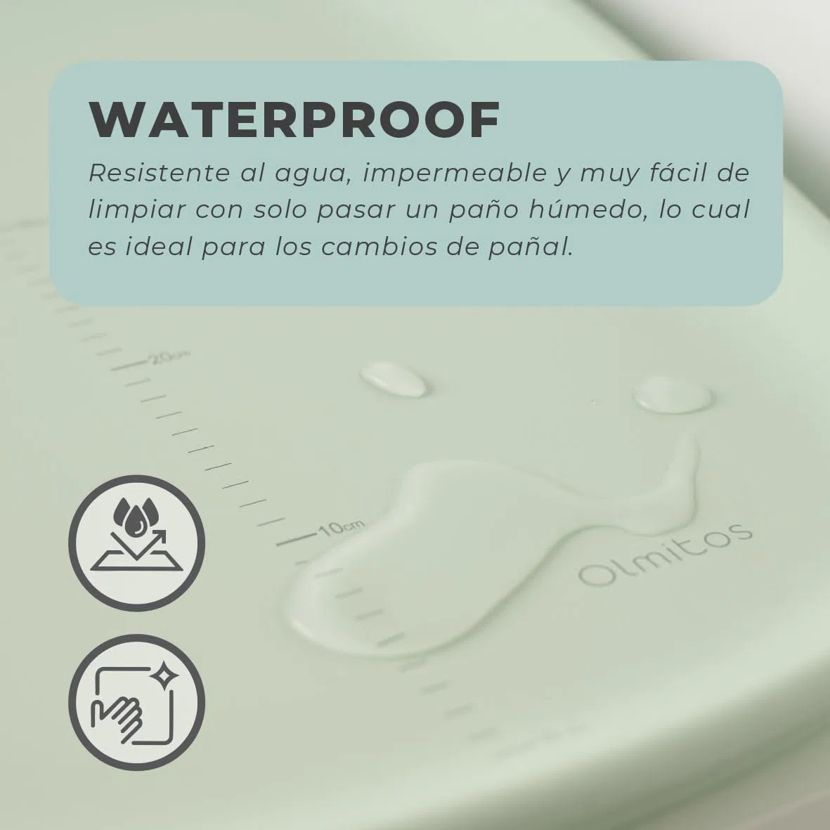 Olmitos - Cambiador de Bebé Antideslizante EVA – Superficie Impermeable, Lateral Elevado, Medidor de Crecimiento, Higiénico y Fácil de Limpiar – 69x44cm | Desde 0m hasta 12 meses (Menta)