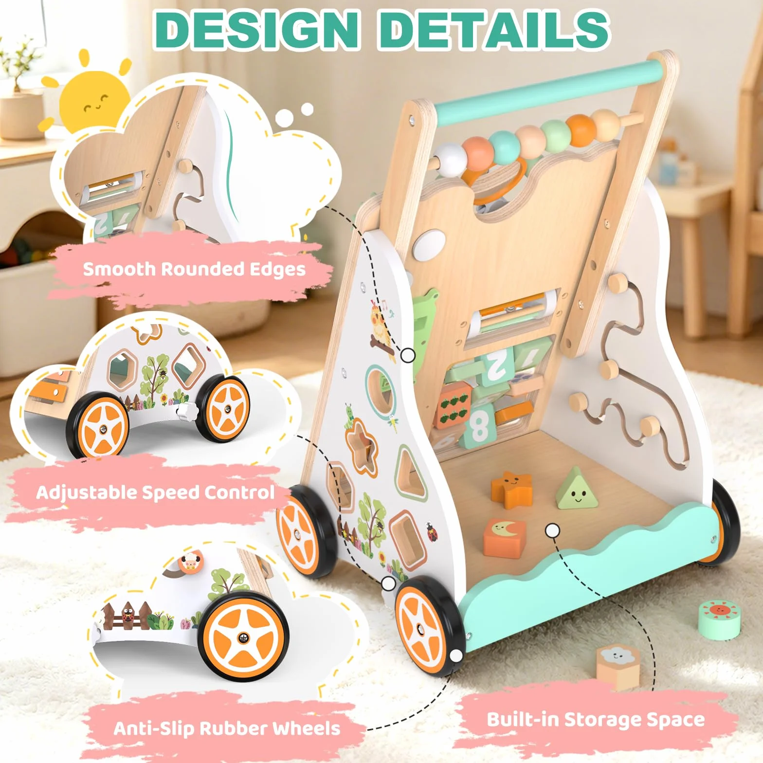 Andador de madera para niños 12+ meses, caminador Montessori con centro de actividades, laberinto de cuentas, clasificador de formas, xilófono y juego de pesca, altura y velocidad ajustables