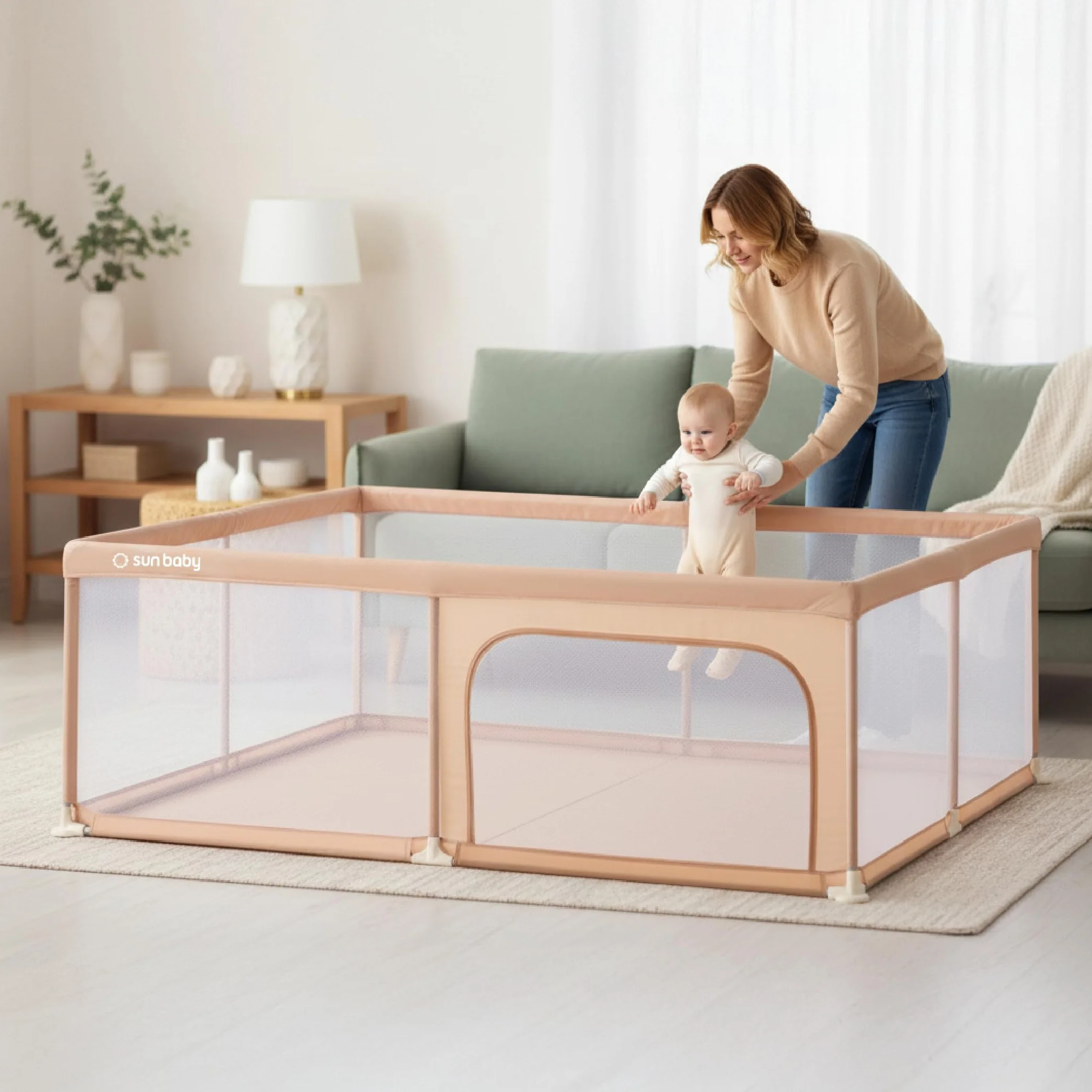 sun baby Parque Infantil 150x200 cm 0-2 años Salmón, poliéster, paredes de malla, entrada con cremallera, pies antideslizantes, bolsa incluida, estructura metálica