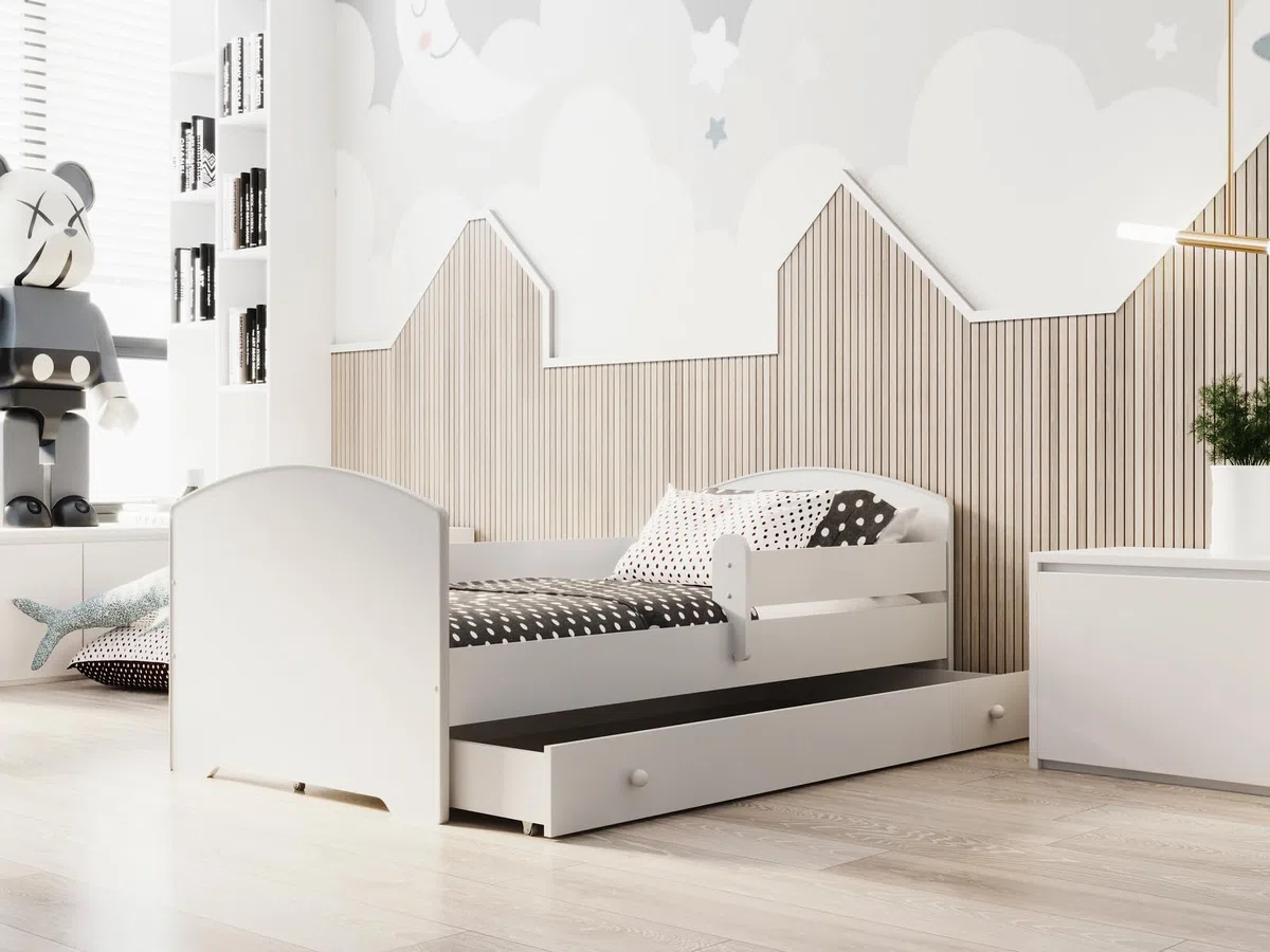 KOBI Cama Niño LUK Blanco 180x80 | Una cama para una habitación infantil y adolescente | Cajón, barrera de seguridad y colchón Incluido |