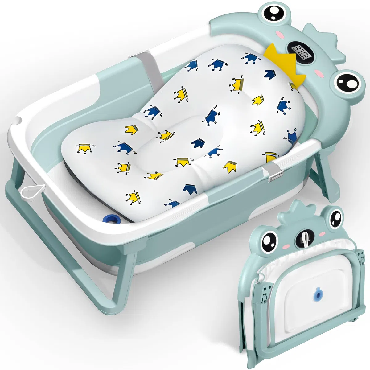 Bañera Plegable Bebe, Bañera Bebe con Termometro y Cojín, Bañera Bebe Portátil, Reductor Bañera Bebe, Bañera de Bebe para Recién Nacidos y Niños de 0 A 36 Meses (Verde)