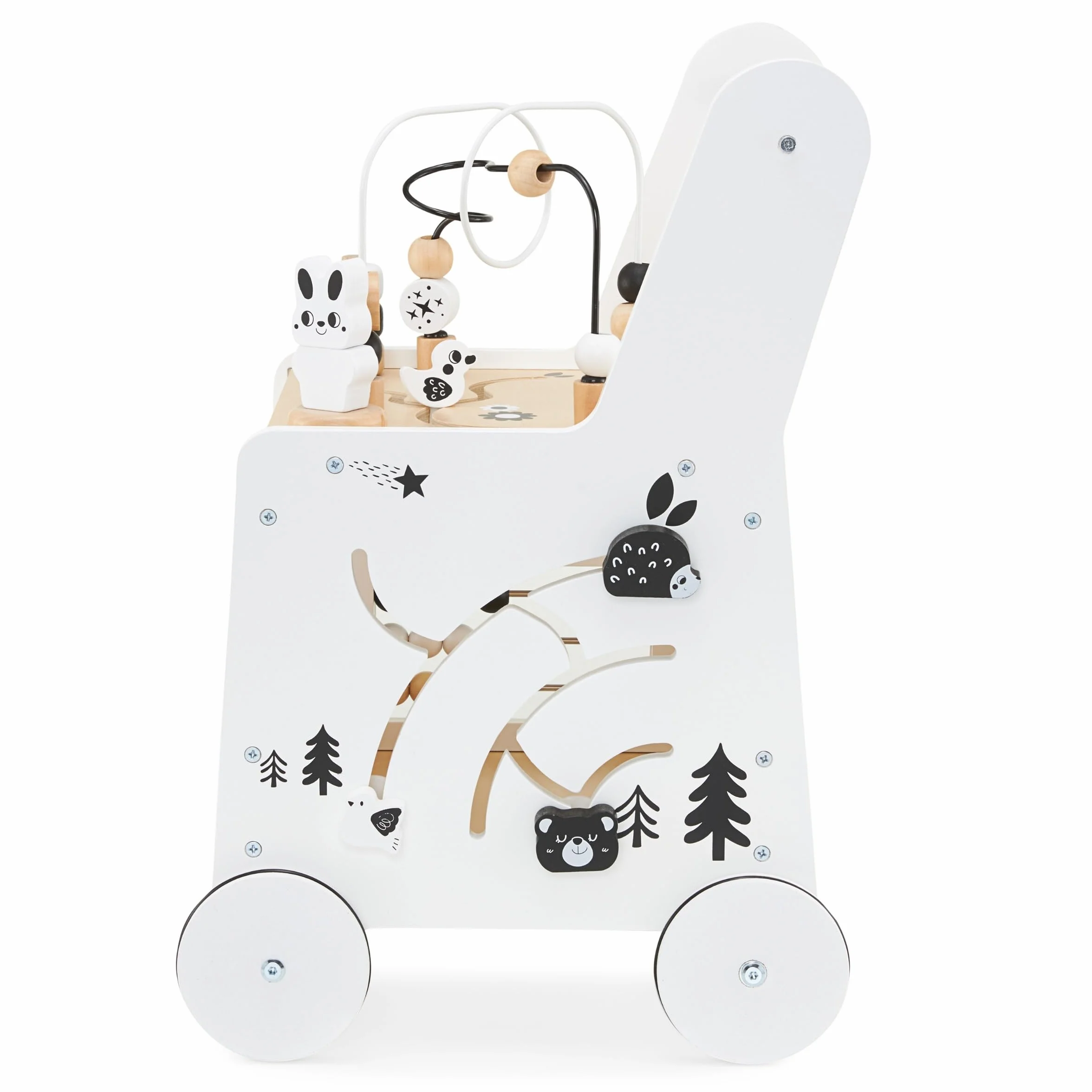 Mamabrum Caminadora y Andador Bebé 6 en 1 - Mesa Educativa de Madera con Ábaco, Engranajes y Juegos - Centro de Actividades para Primeros Pasos - 31 x 28 x 49 cm