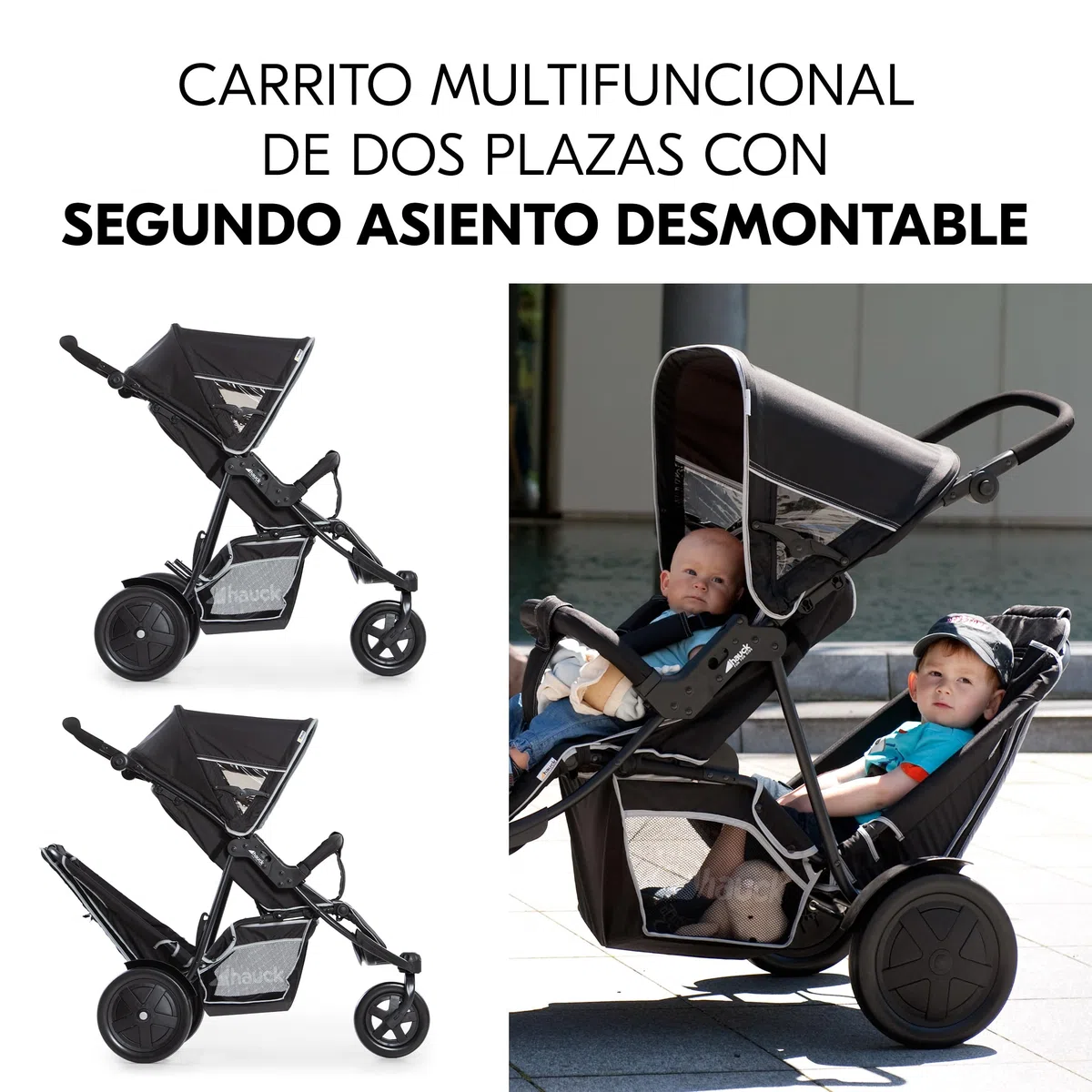 hauck Freerider Carro Gemelar Reclinable, Silla de Paseo Gemelar Plegable, Carrito Gemelos Ligero, Asientos Desmontables, Arnés 5 Puntos, Ruedas Grandes, hasta 30 kg, Negro
