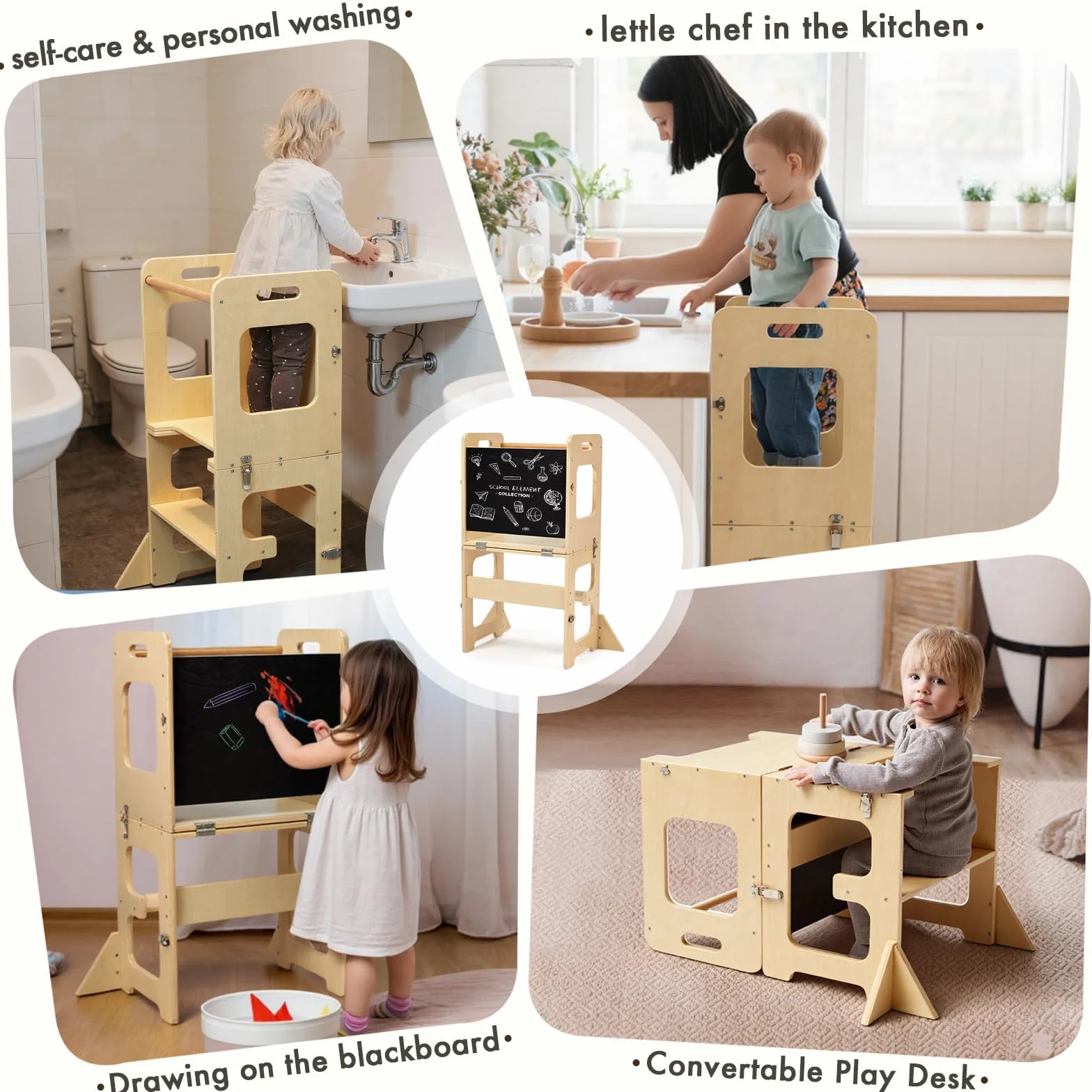 Labebe Montessori Torre per Bambini 3 in 1 Pieghevole Didattica Scala Sgabello con Lavagna Legno da 1 Anno