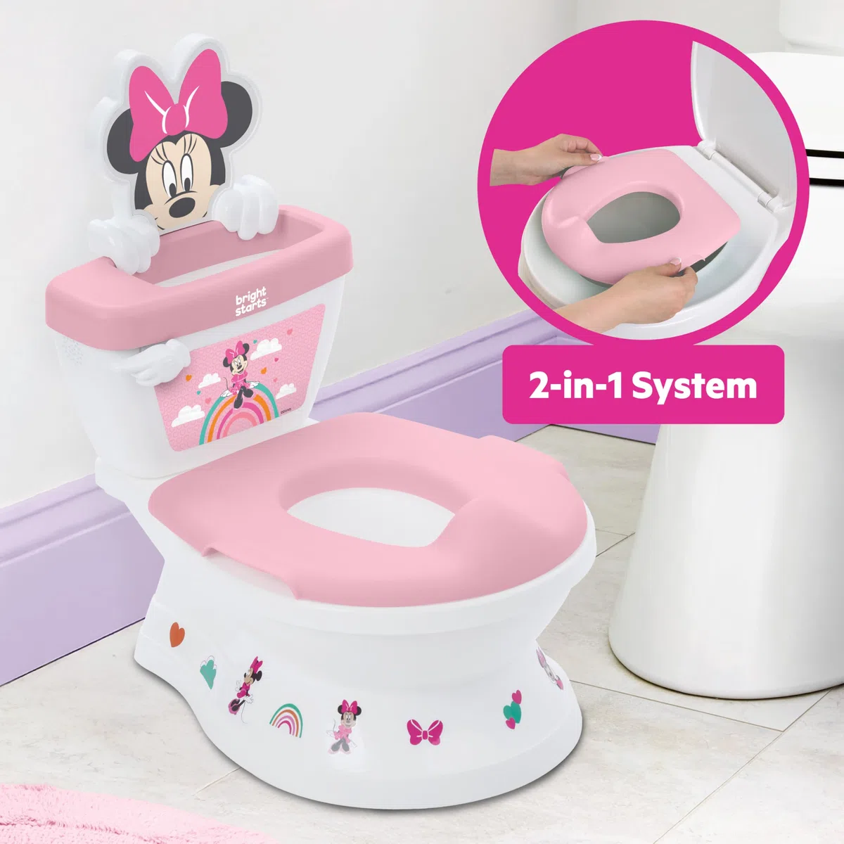 Bright Starts, Disney Baby Orinal 2 en 1 Minnie Mouse, con Sonidos de Descarga y Aplausos, desde 18 Meses, hasta 23 kg, Rosa
