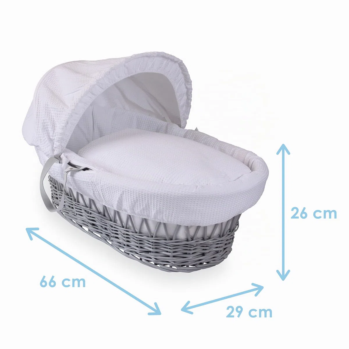 Clair de Lune Moisés de Mimbre Gris gofre y Soporte Mecedora de Lujo Gris Que Incluye 1 Capucha Ajustable y extraíble, 2 Asas de Transporte, Colcha y 1 colchón de Fibra hipoalergénica Firme (Blanco)