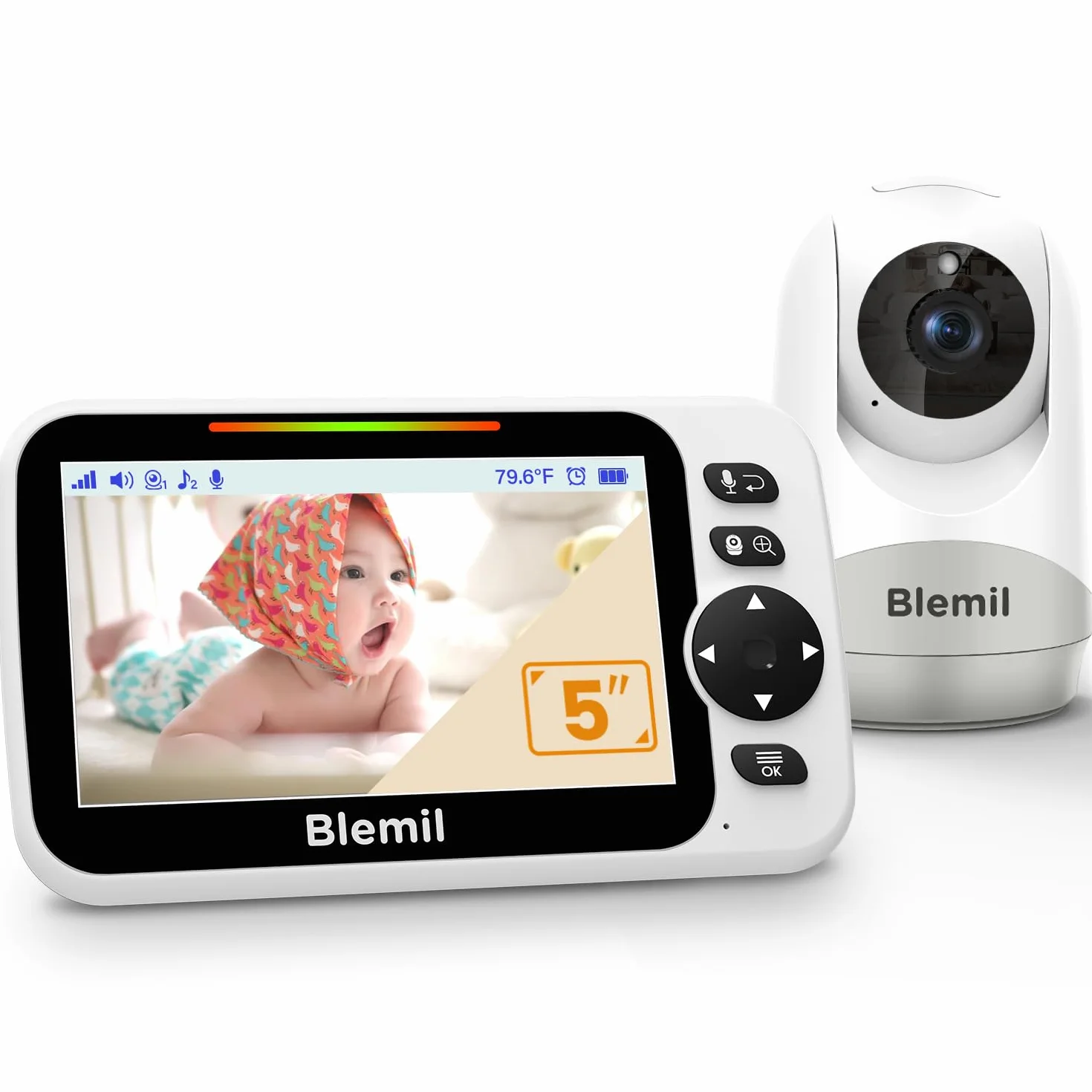 Blemil Monitor para bebés con batería de 30 Horas, Monitor para bebés de vídeo de Pantalla Grande de 5 Pulgadas con cámara y Audio, visión Nocturna, lulabies, sin WiFi