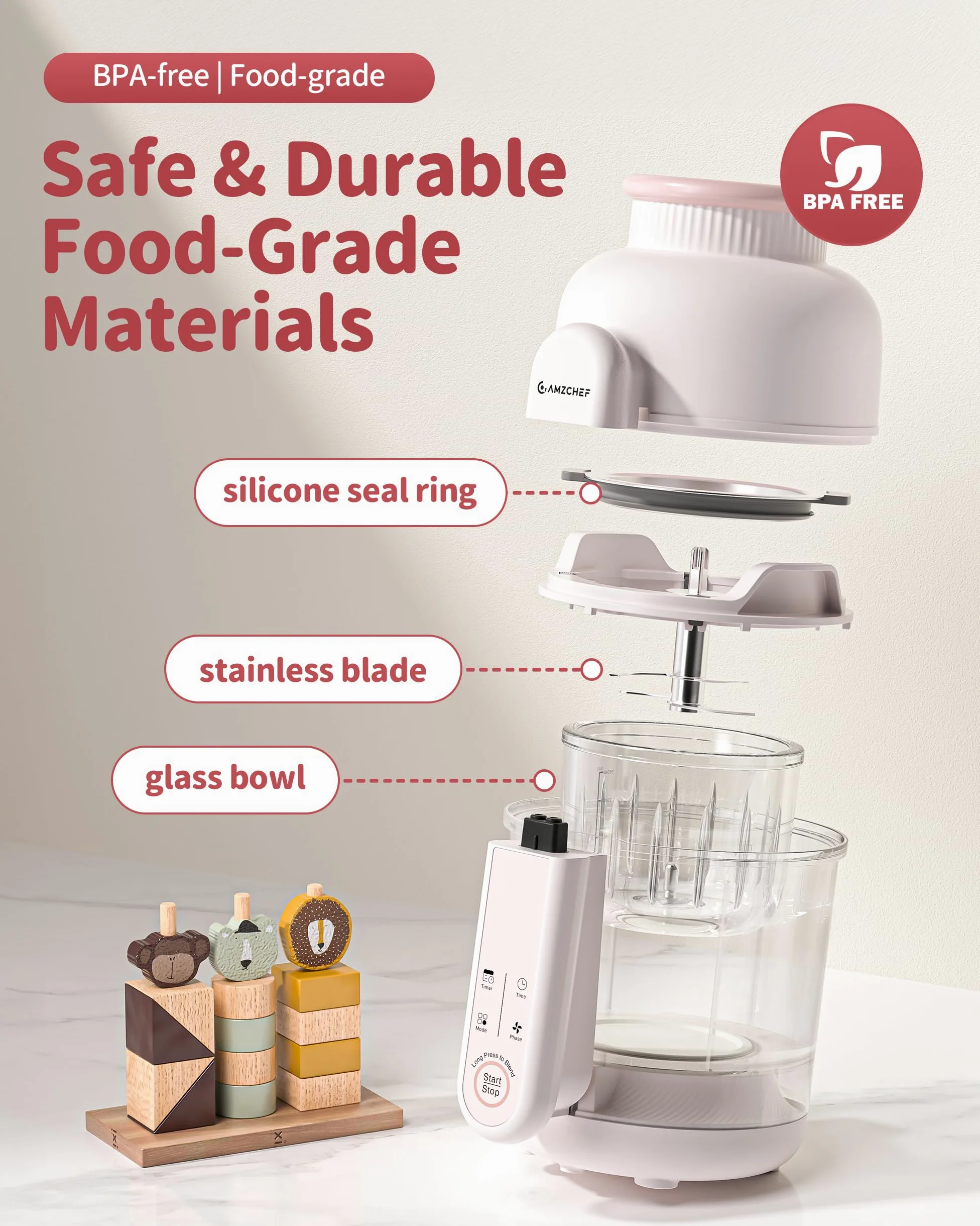AMZCHEF Robot de cocina para bebé 6-en-1 Vaporera & Licuadora – Programas por Etapas de Edad 1–5, Libre de BPA – Cocinar al Vapor, Triturar, Puré, Descongelar, Auto-Limpieza – Control Táctil