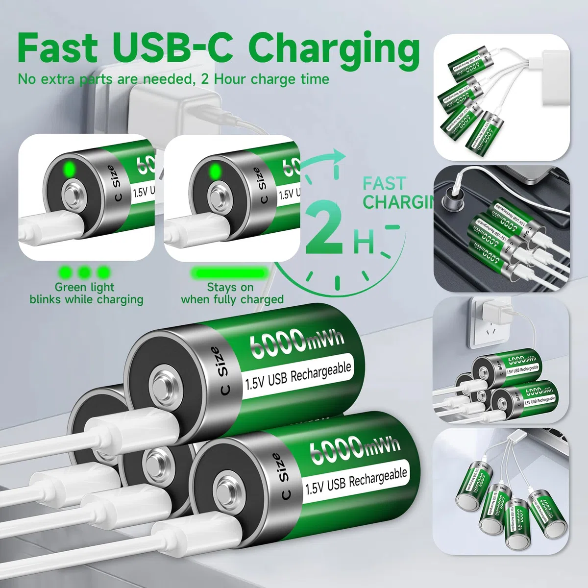 C Pilas Recargables lr14 Batería USB 6000mWh – 1,5 V/Litio Recargables C batería Alta Capacidad con Cable de Carga Tipo C, 3 Horas de Carga rápida (4Pcs)