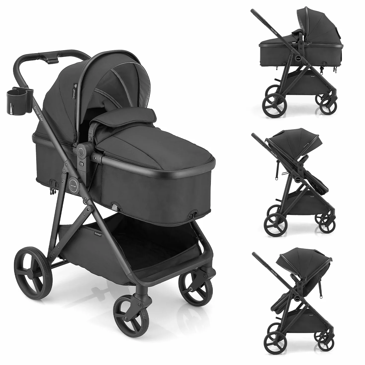 Gromast Cochecito 3 en 1, cochecito convertible para recién nacidos y niños pequeños con asiento reversible, capota con protección UPF 50+ y portavasos - Negro