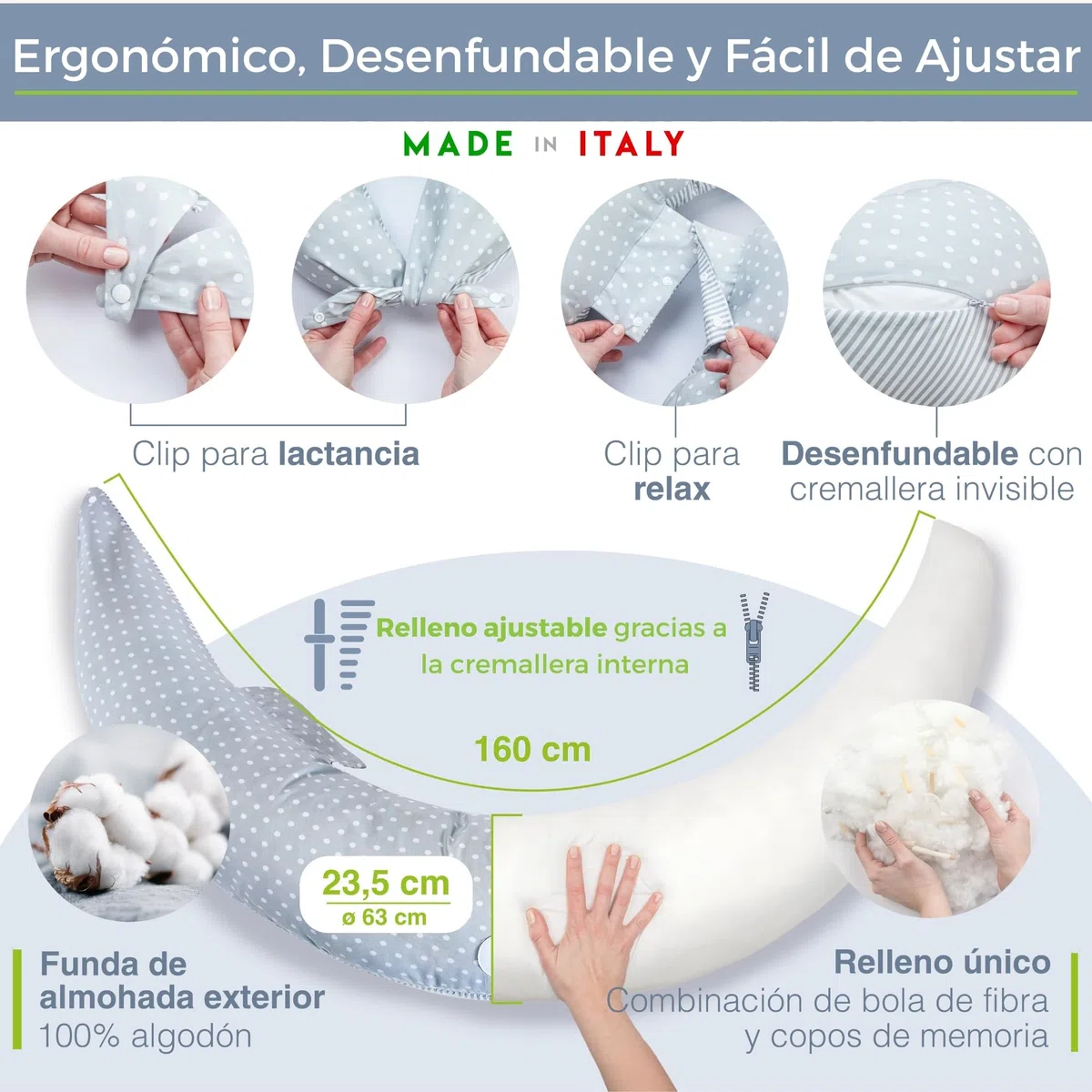 Dilamababy Almohada Embarazada y Cojín Lactancia Bebé Multifuncional | Copos viscoelásticos y microfibras, algodón lavable, dormir de lado, premama, maternidad, regalo original, Made in Italy