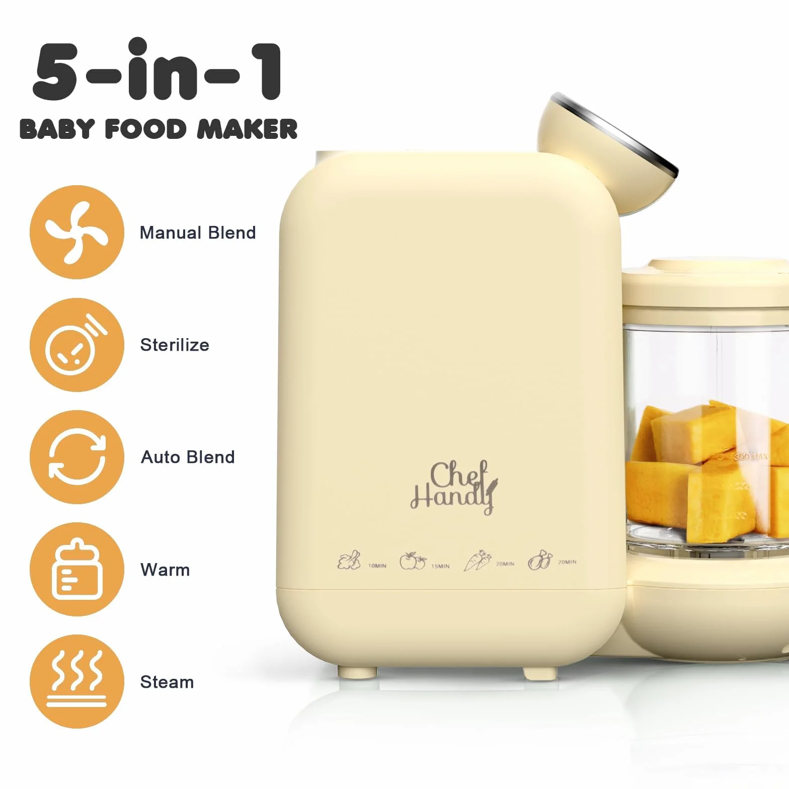 Procesador de alimentos para bebé 5 en 1, Multifuncional con Control Inteligente, Vaporera y Molinillo, Auto-Cocción y Molienda, Calentador de Comida para Bebés - Máquina de Molinos Amarillo