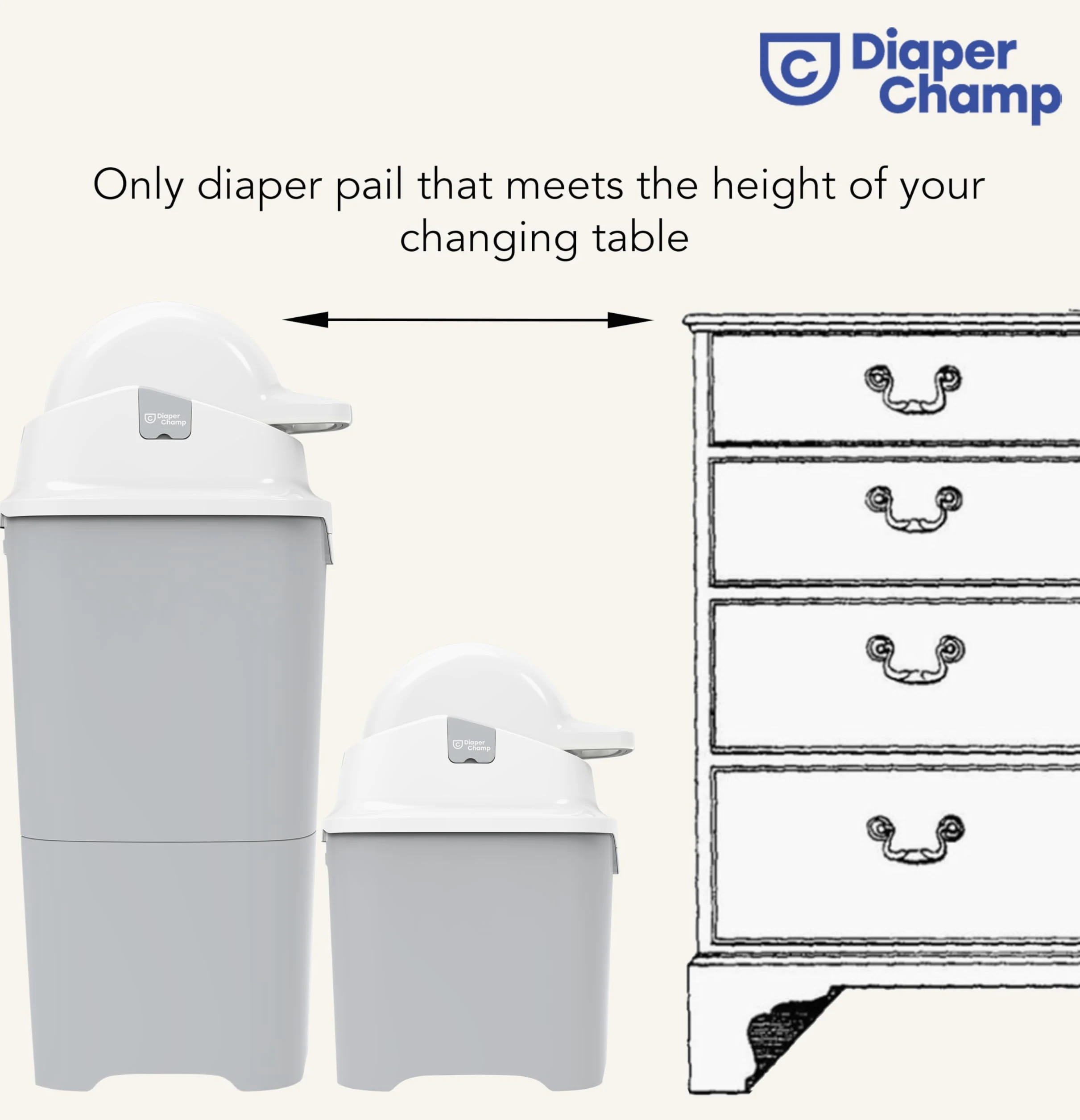 DiaperChamp ONE, Contenedor de pañales sin olor, sin recambios, utiliza bolsas de basura normales. Calidad profesional., Color Gris